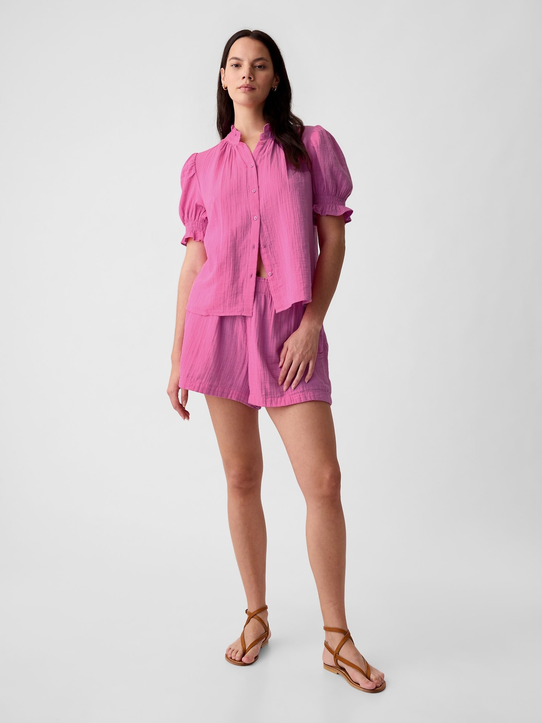 Pink Crinkle Cotton Pull On Short - Image 1 of 1