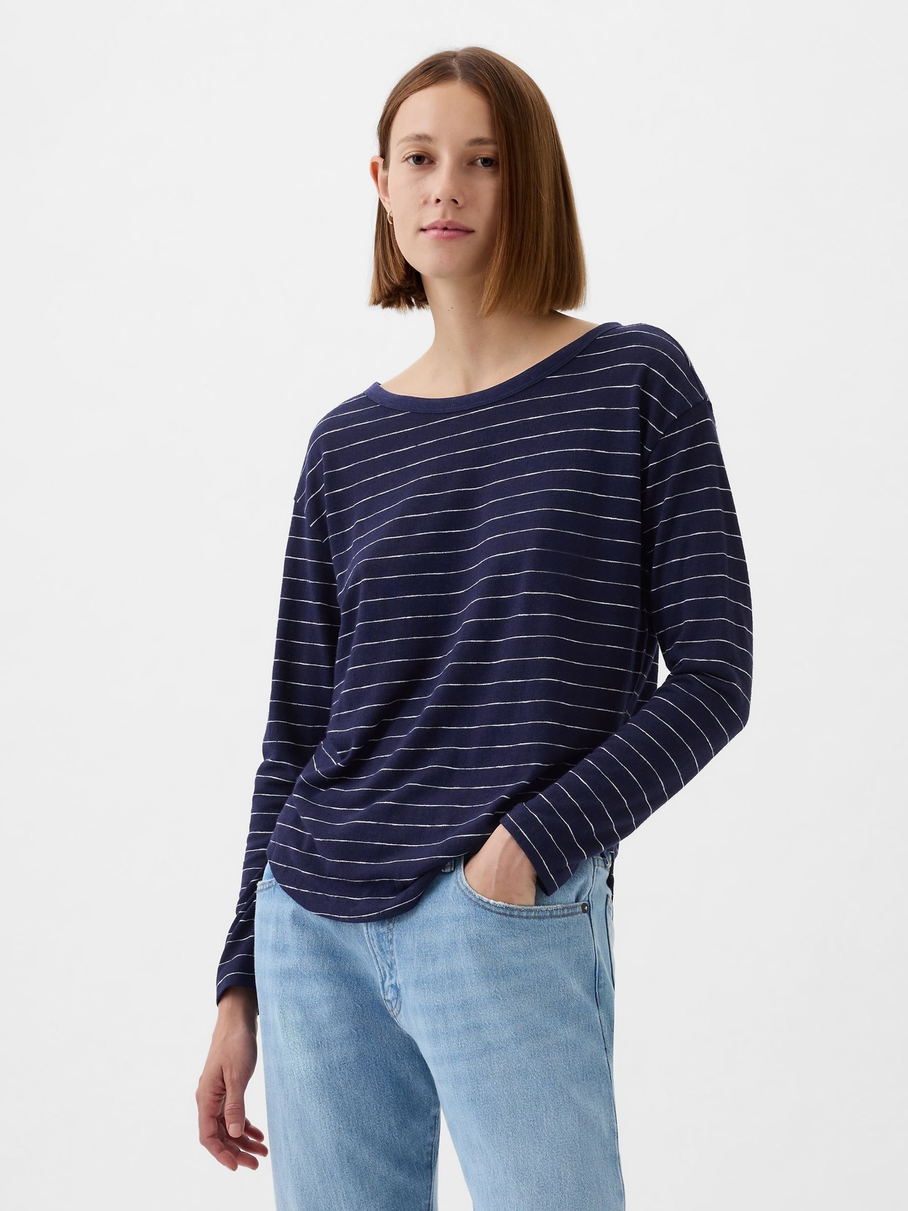 Blue Linen Blend Long Sleeve Boatneck T-Shirt - Image 1 of 4