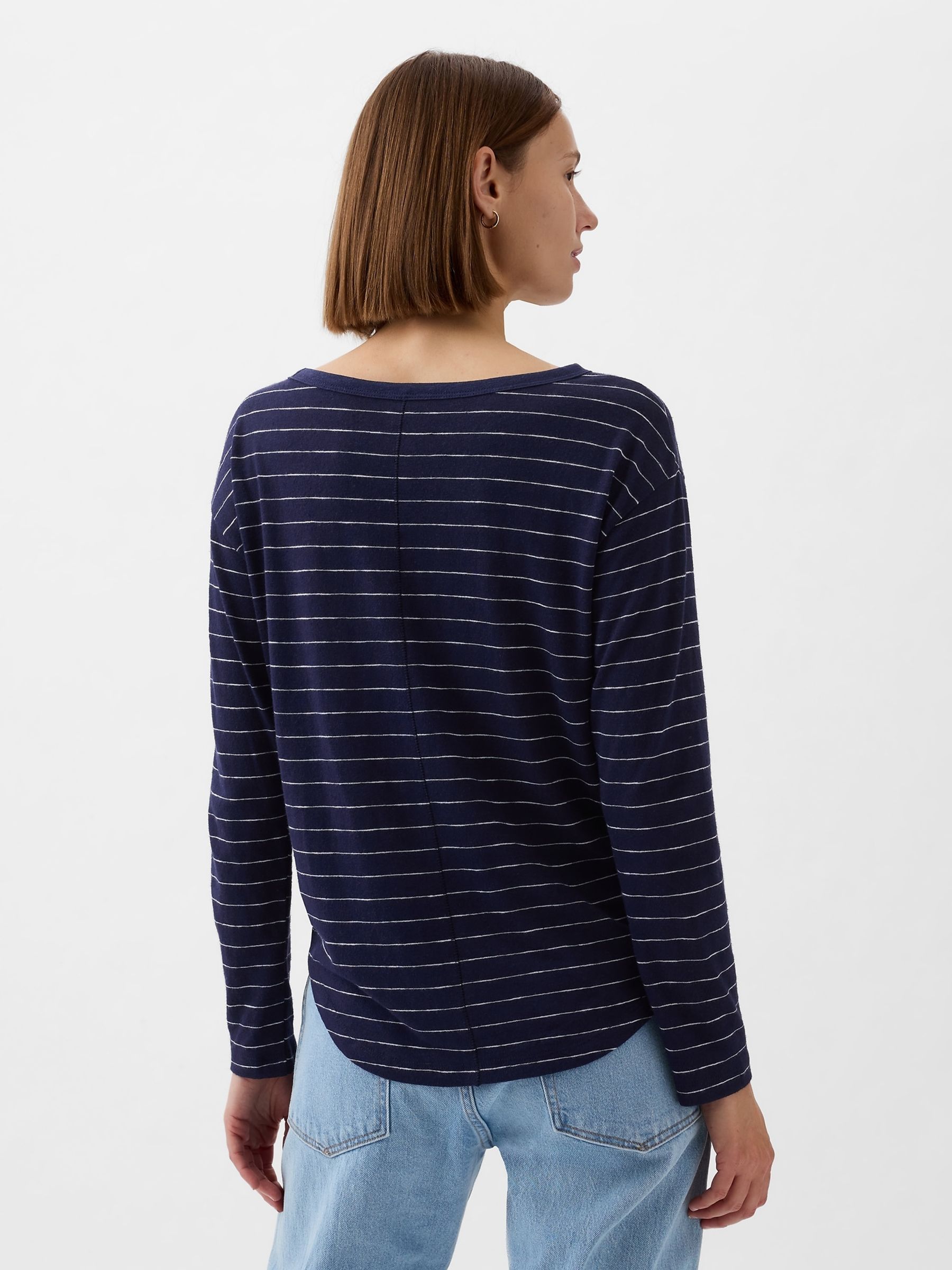 Blue Linen Blend Long Sleeve Boatneck T-Shirt - Image 2 of 4