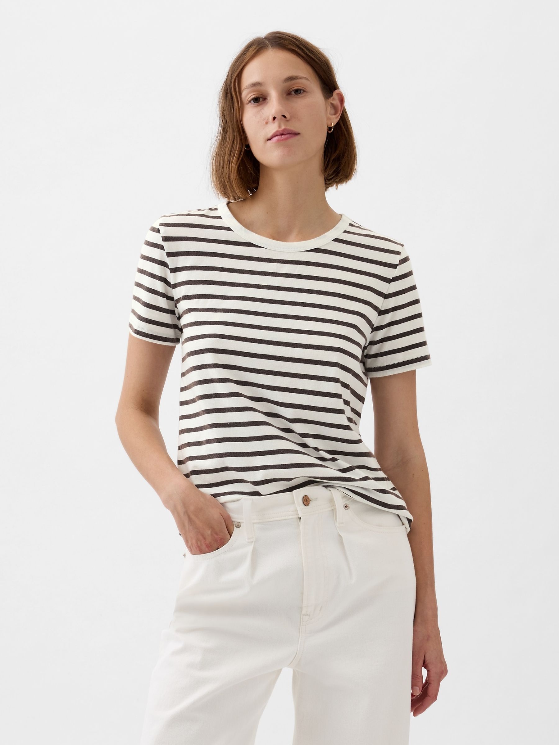 Black/White Stripe Organic Cotton Vintage Crew Neck T-Shirt - Image 1 of 4