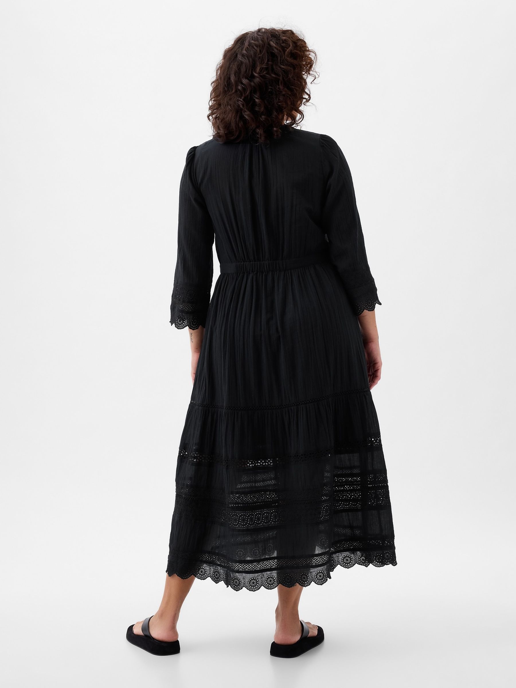 Black Crinkle Cotton Lace 3/4 Sleeve Midi Dress - Image 2 of 5