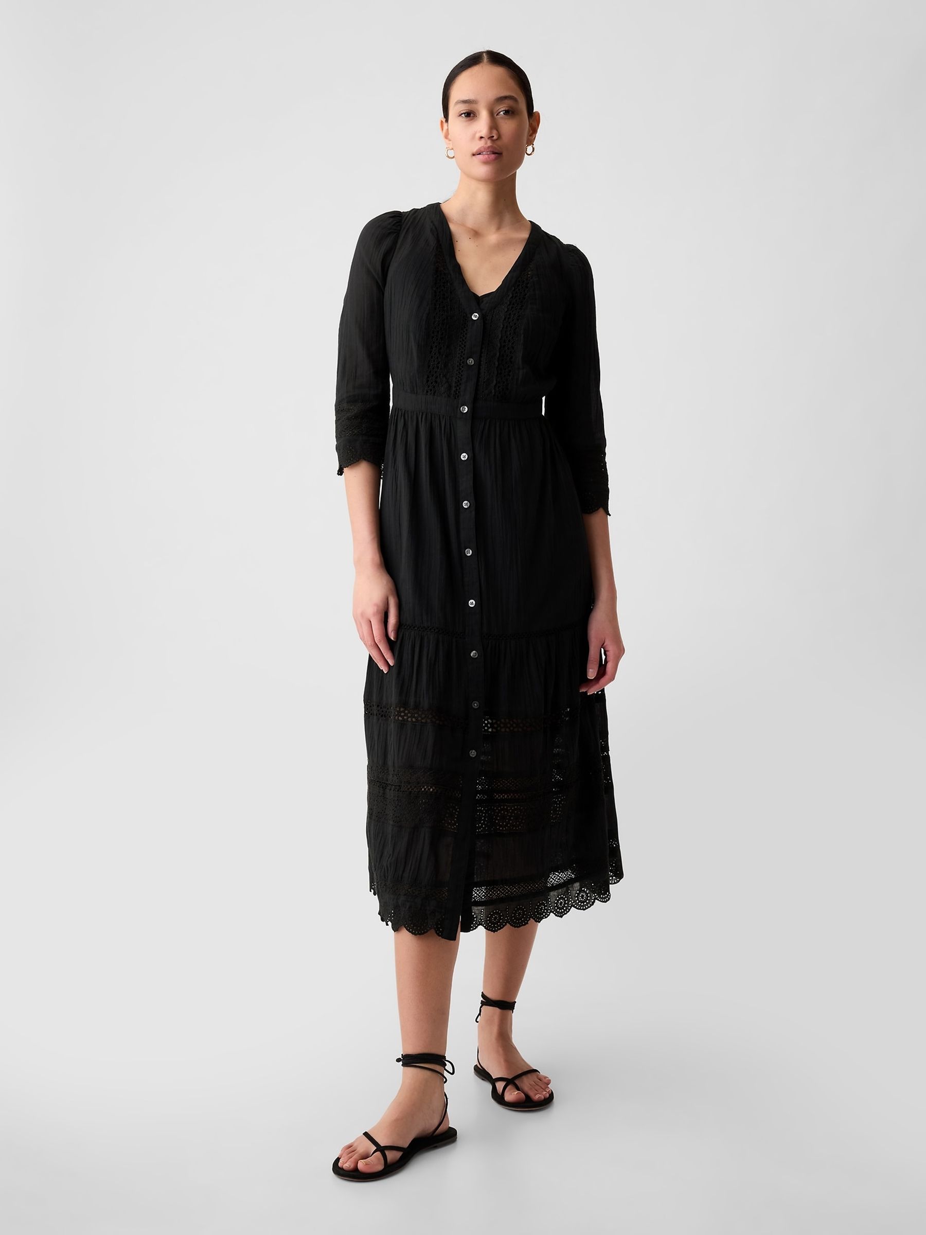 Black Crinkle Cotton Lace 3/4 Sleeve Midi Dress - Image 3 of 5