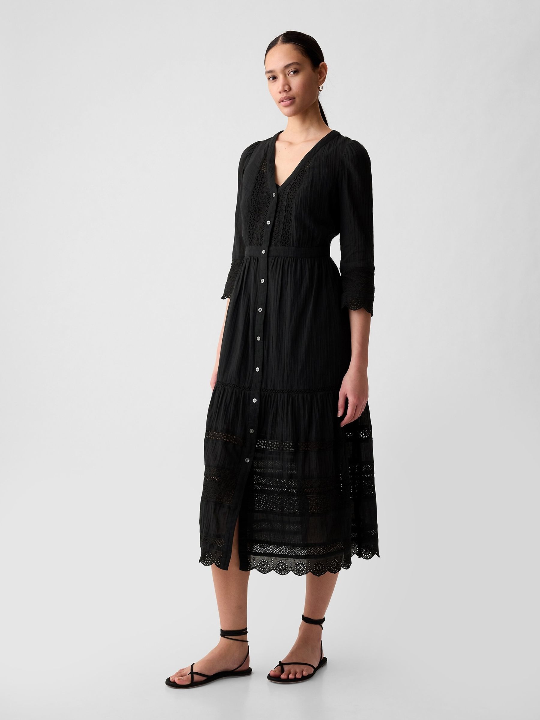Black Crinkle Cotton Lace 3/4 Sleeve Midi Dress - Image 4 of 5