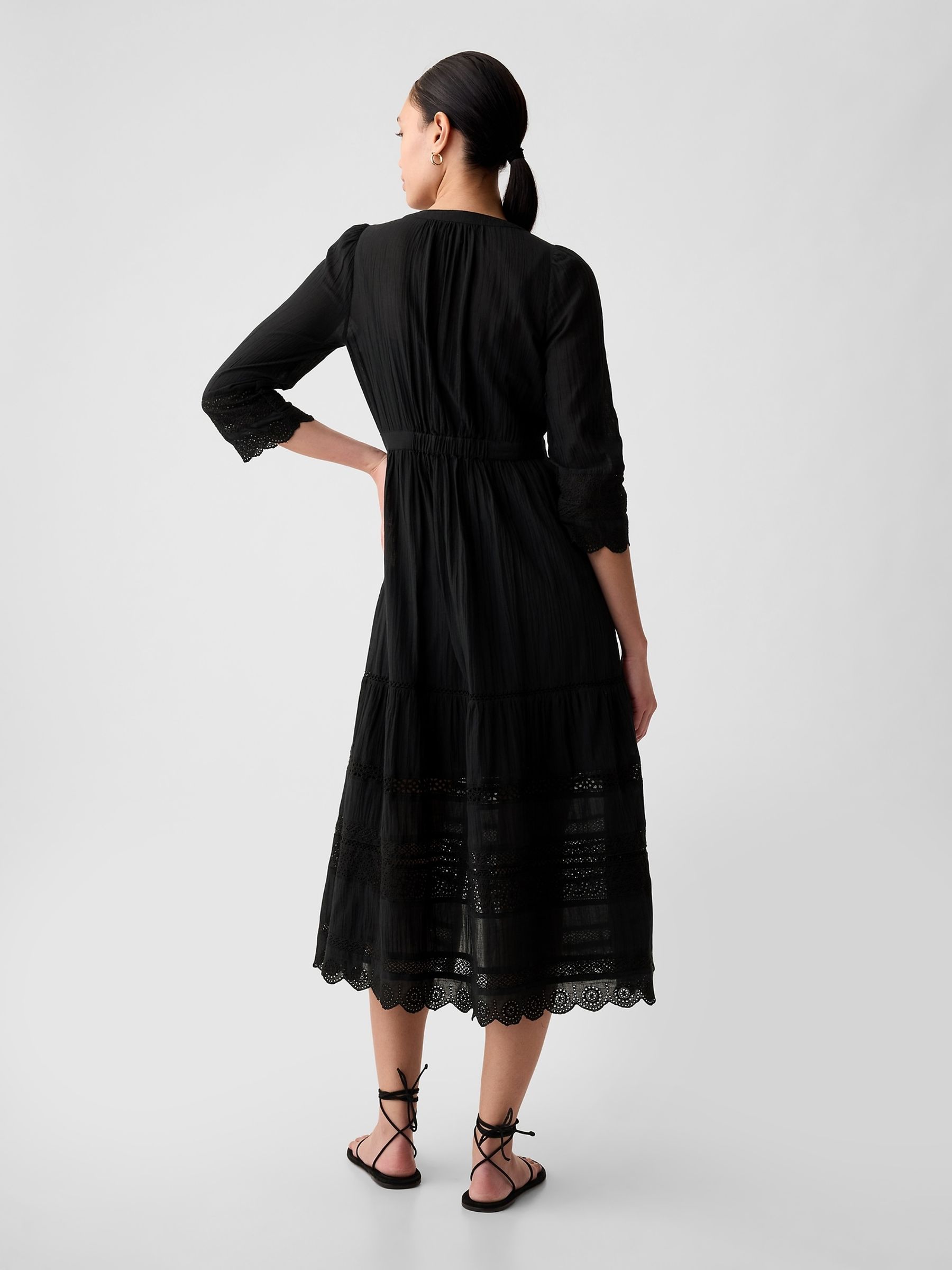 Black Crinkle Cotton Lace 3/4 Sleeve Midi Dress - Image 5 of 5