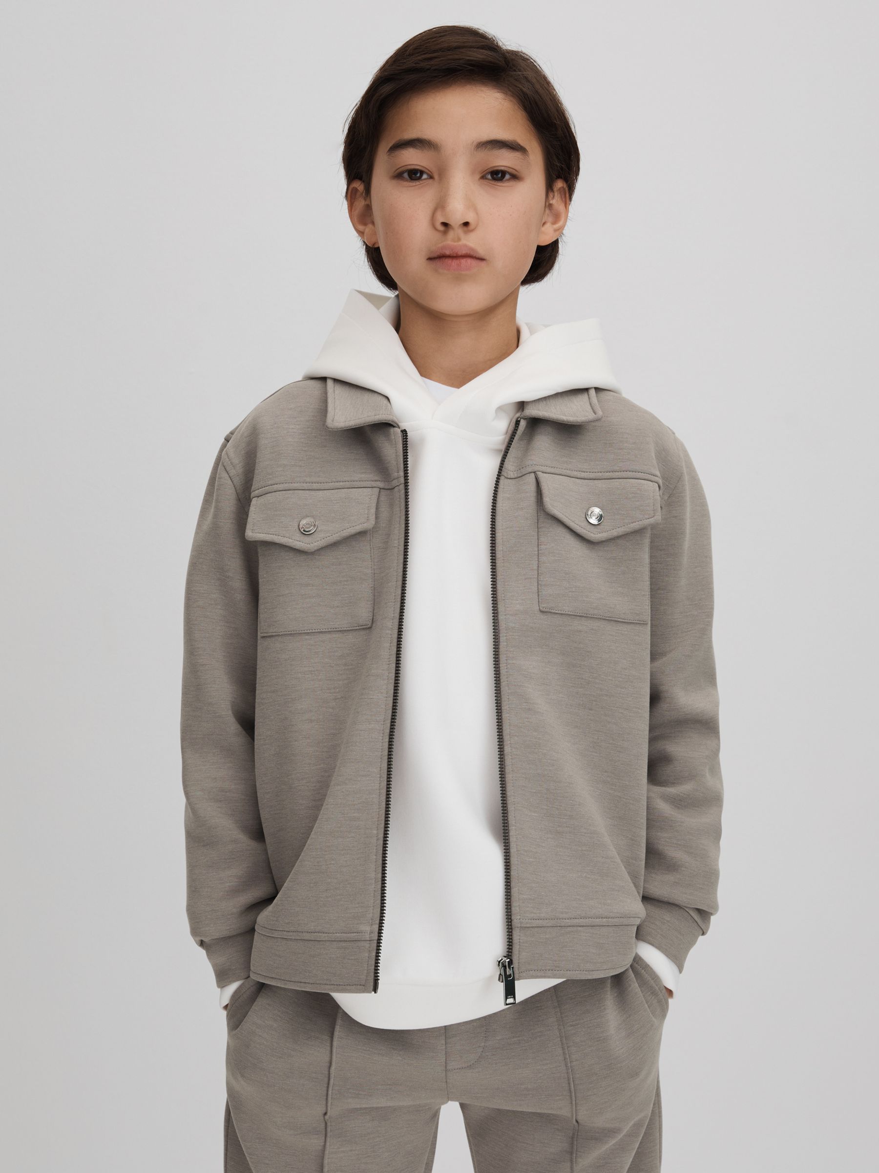 Interlock Jersey Zip-Through Jacket in Taupe - Image 1 of 6