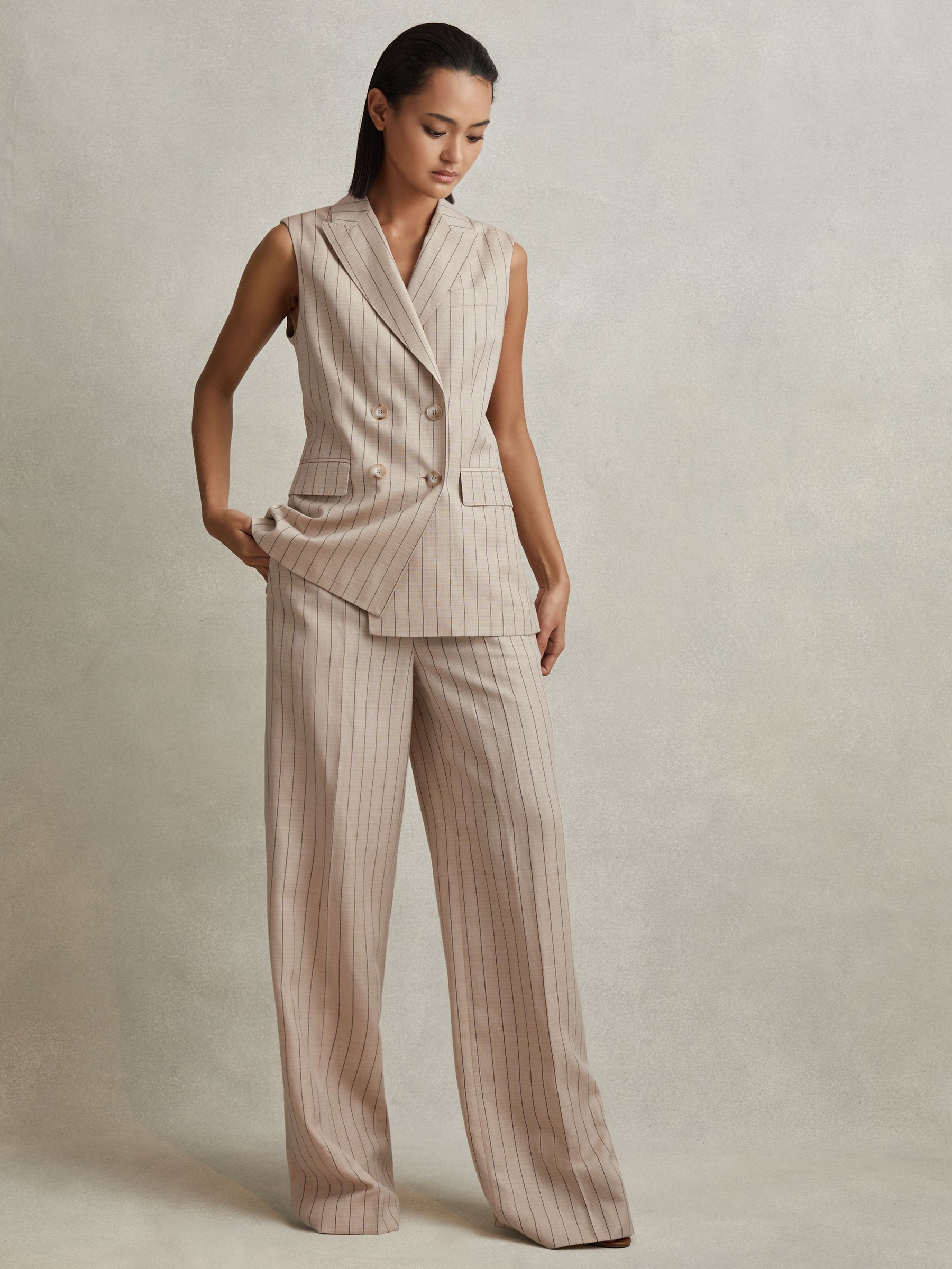 Petite Wool Blend Striped Double Breasted Waistcoat in Neutral - Image 1 of 7