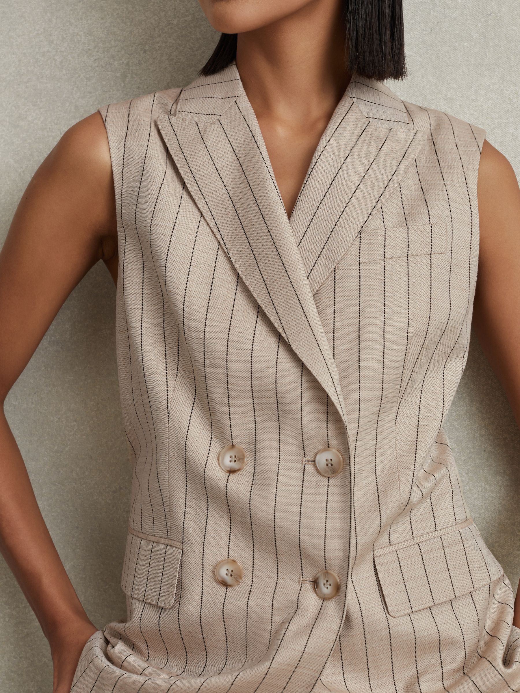Petite Wool Blend Striped Double Breasted Waistcoat in Neutral - Image 4 of 7