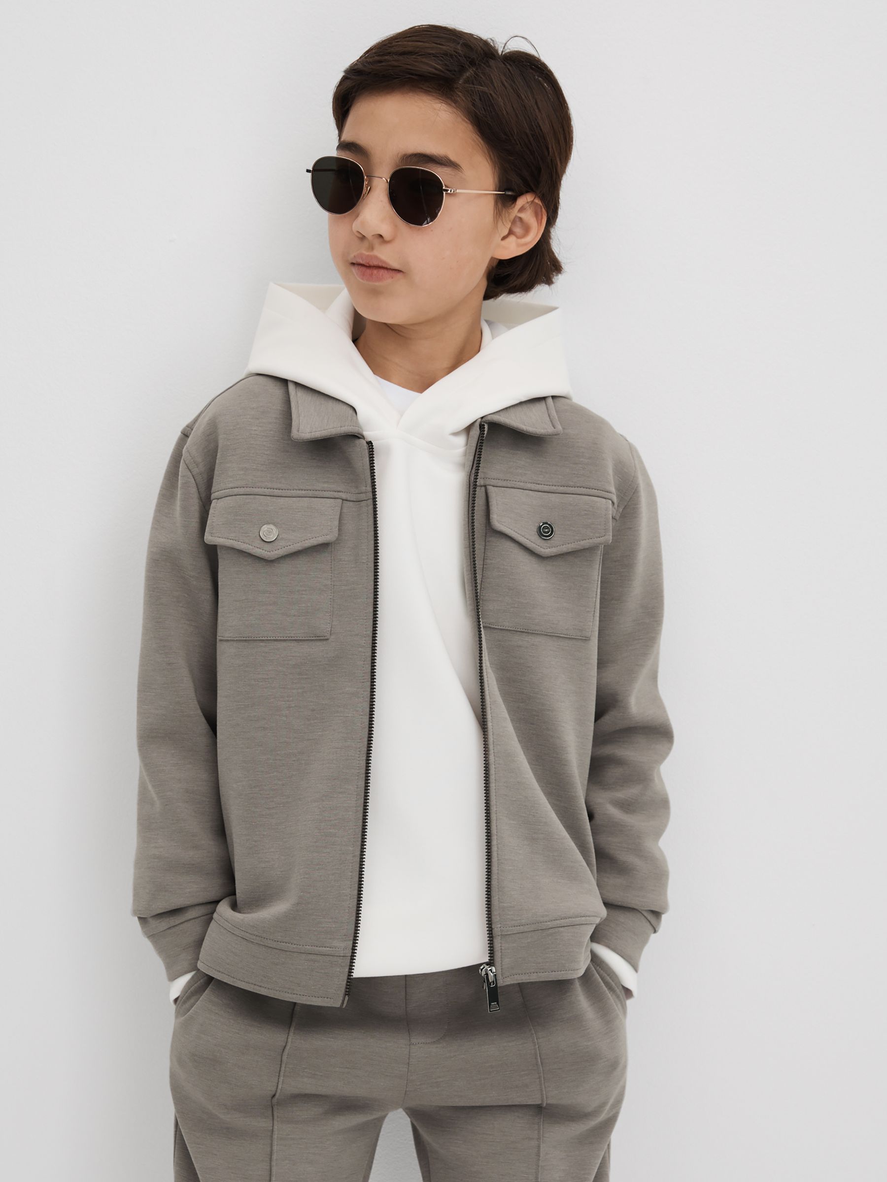 Interlock Jersey Zip-Through Jacket in Taupe - Image 1 of 7