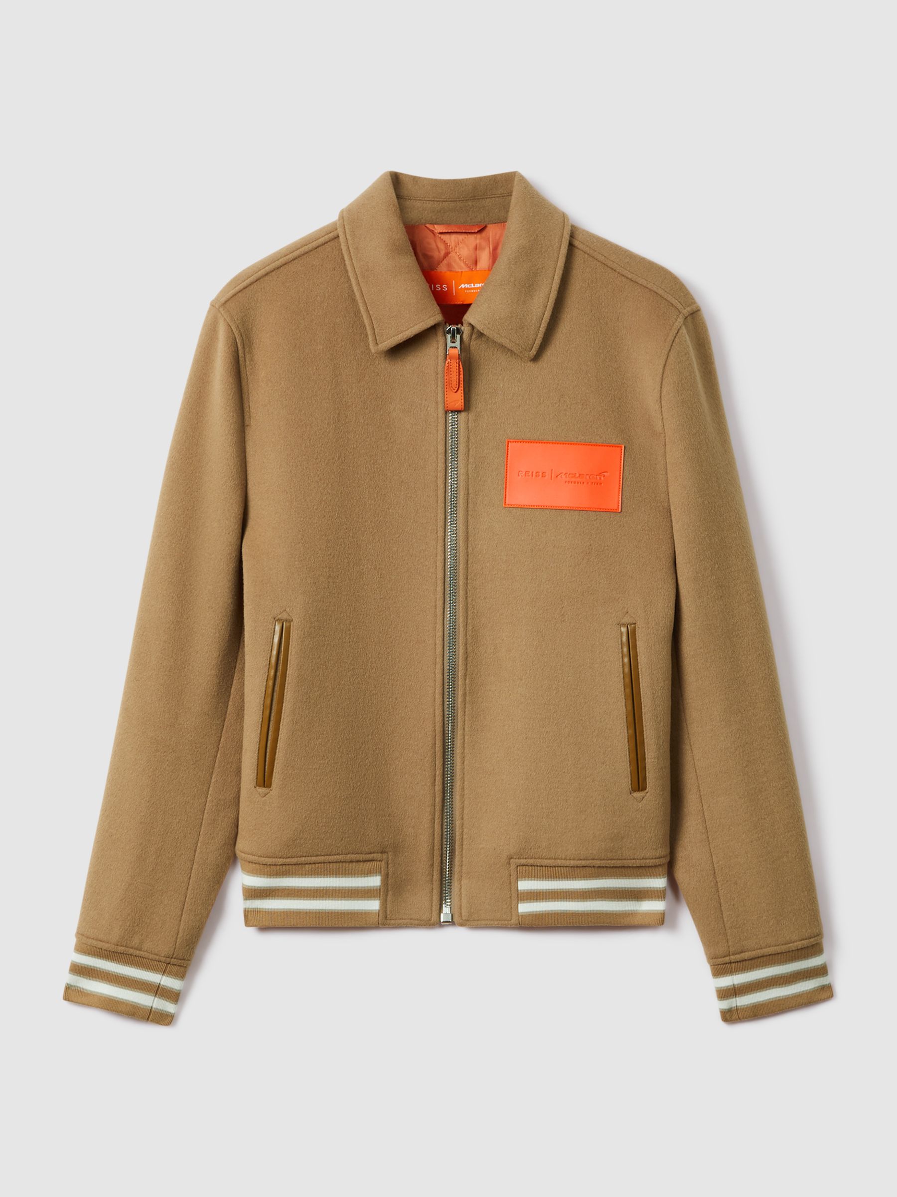 McLaren F1 Wool Blend Leather Patch Varsity Bomber Jacket in Camel