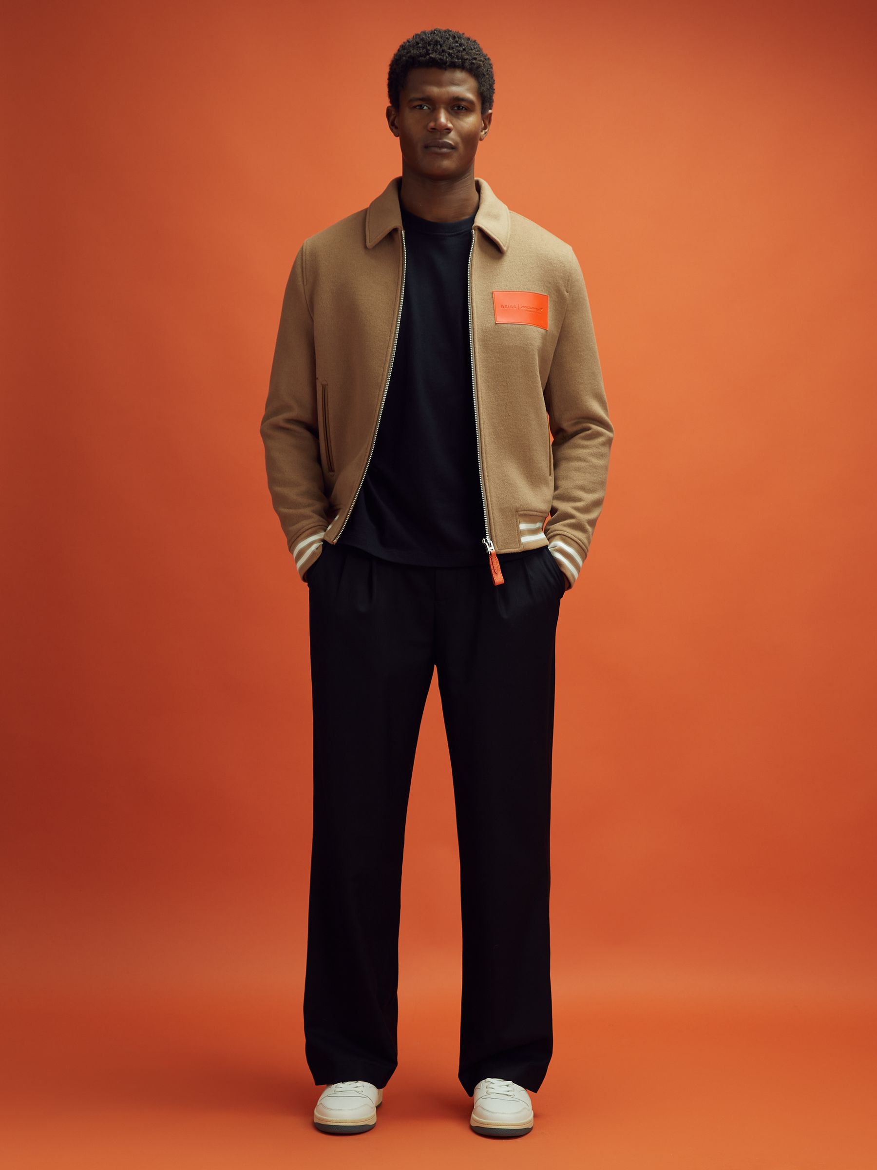 McLaren F1 Wool Blend Leather Patch Varsity Bomber Jacket in Camel - image 5