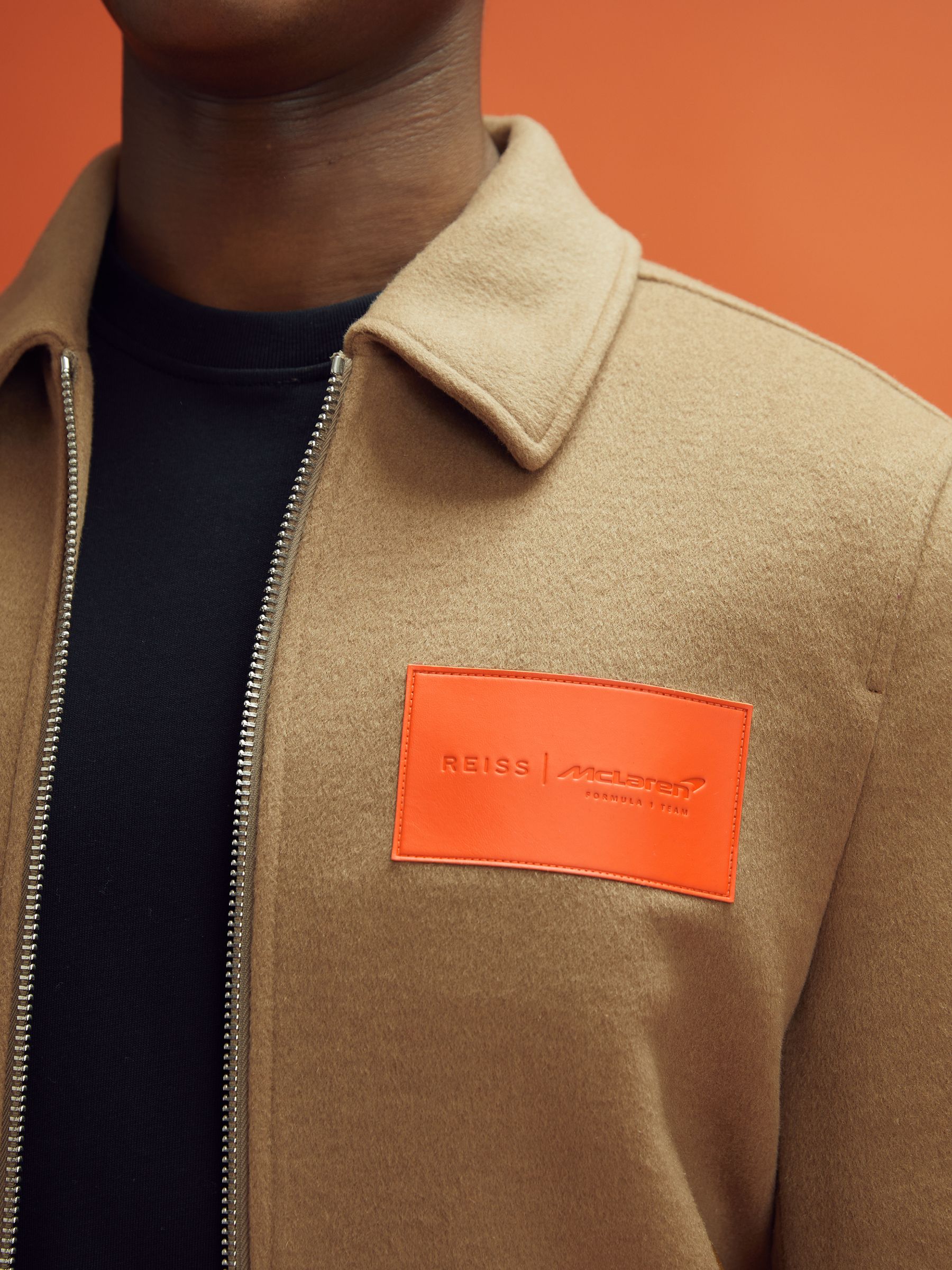 McLaren F1 Wool Blend Leather Patch Varsity Bomber Jacket in Camel - Image 4 of 9
