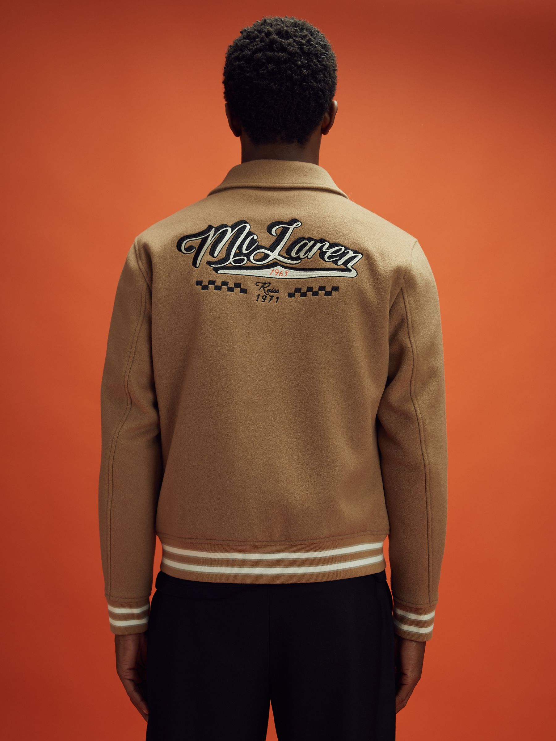 McLaren F1 Wool Blend Leather Patch Varsity Bomber Jacket in Camel - Image 5 of 9