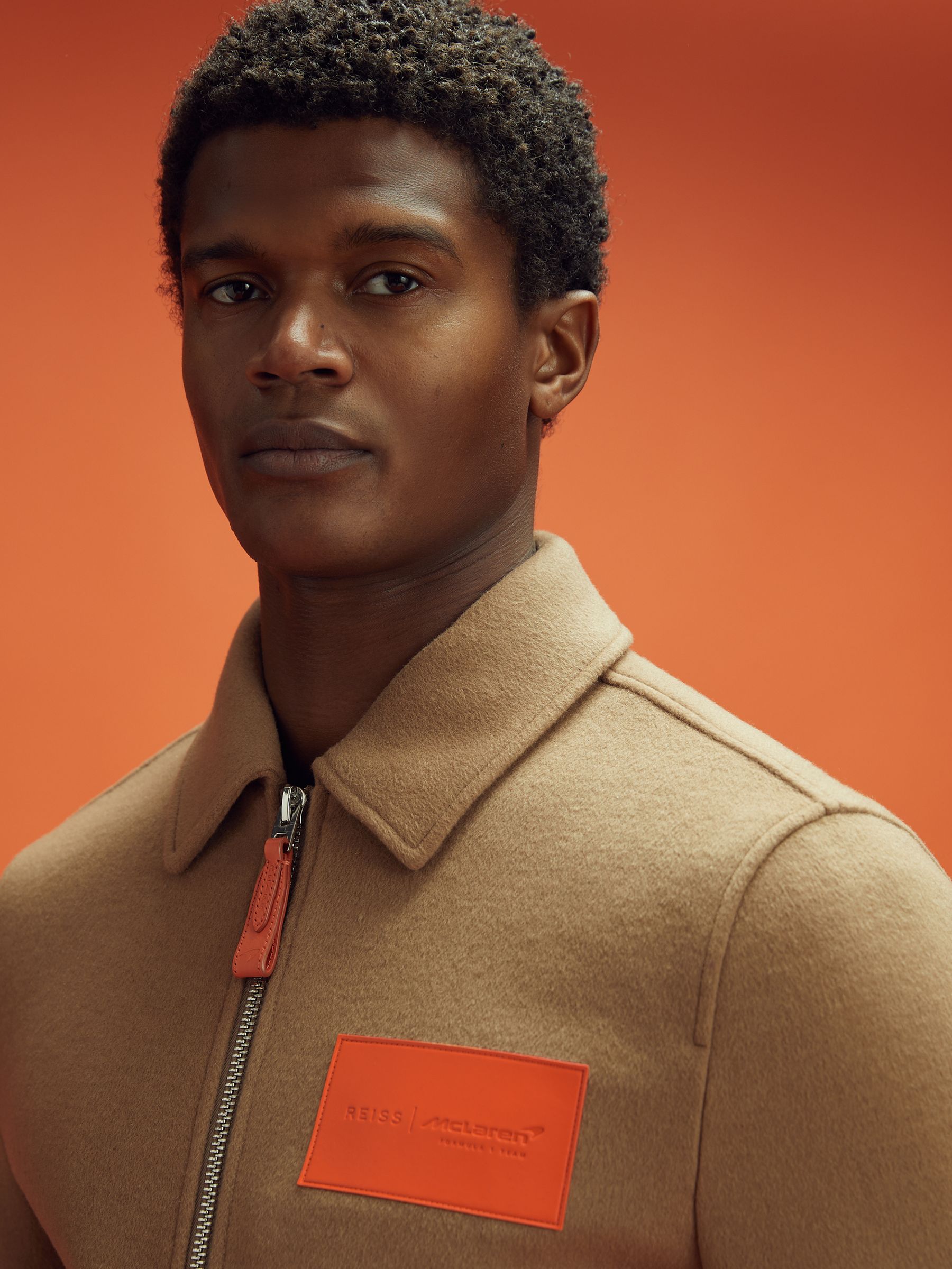 McLaren F1 Wool Blend Leather Patch Varsity Bomber Jacket in Camel - Image 6 of 9