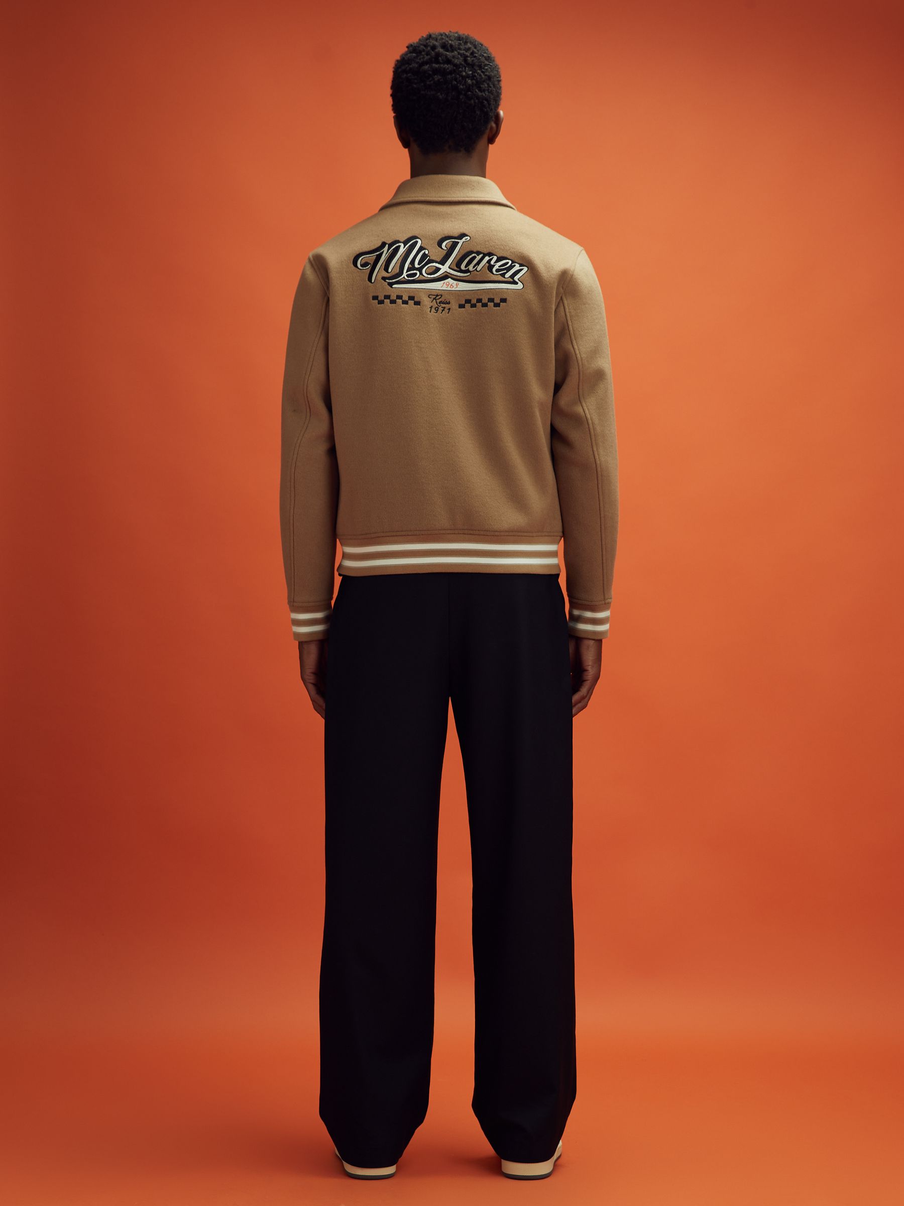 McLaren F1 Wool Blend Leather Patch Varsity Bomber Jacket in Camel - Image 7 of 9