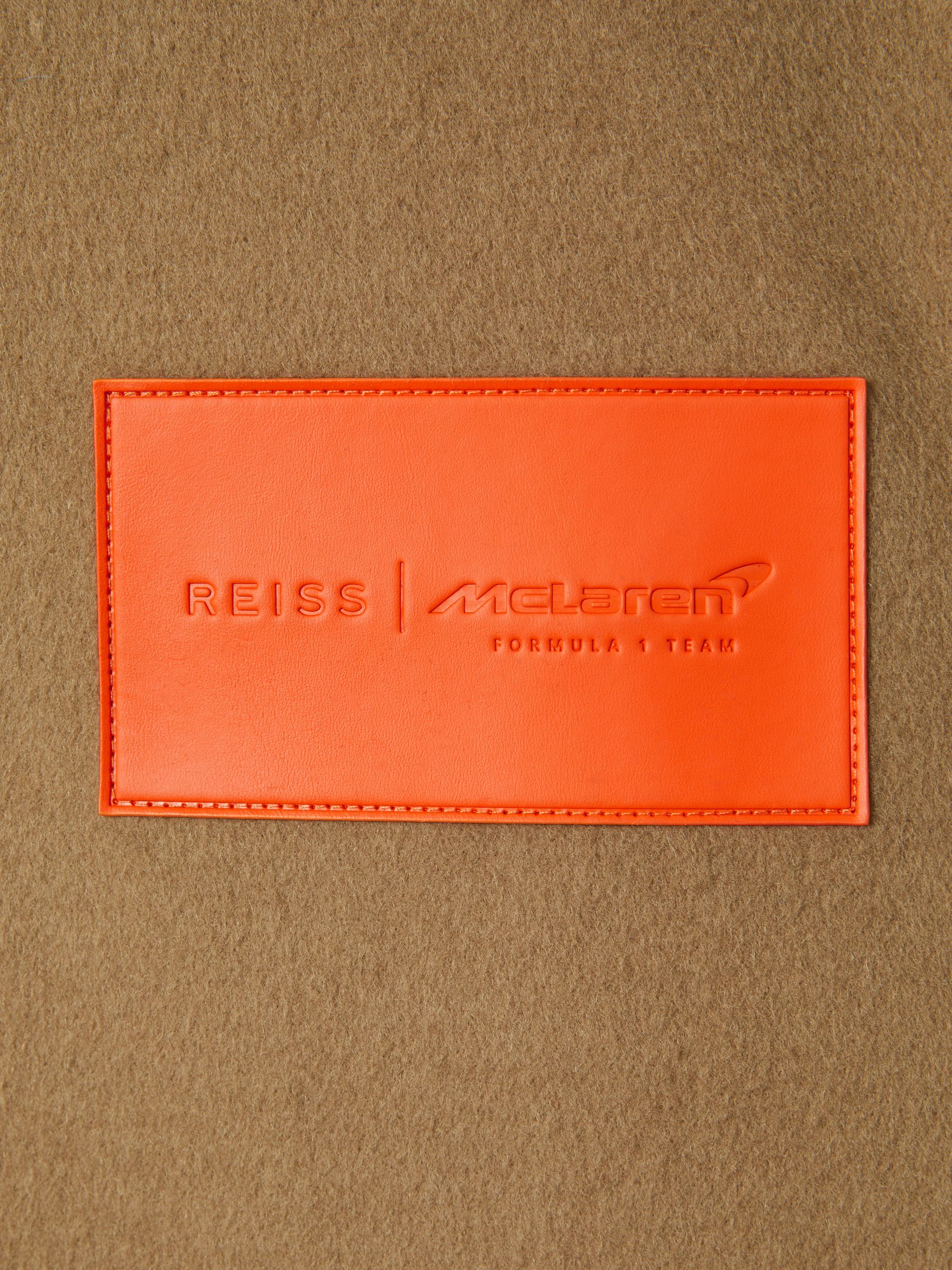McLaren F1 Wool Blend Leather Patch Varsity Bomber Jacket in Camel - image 3