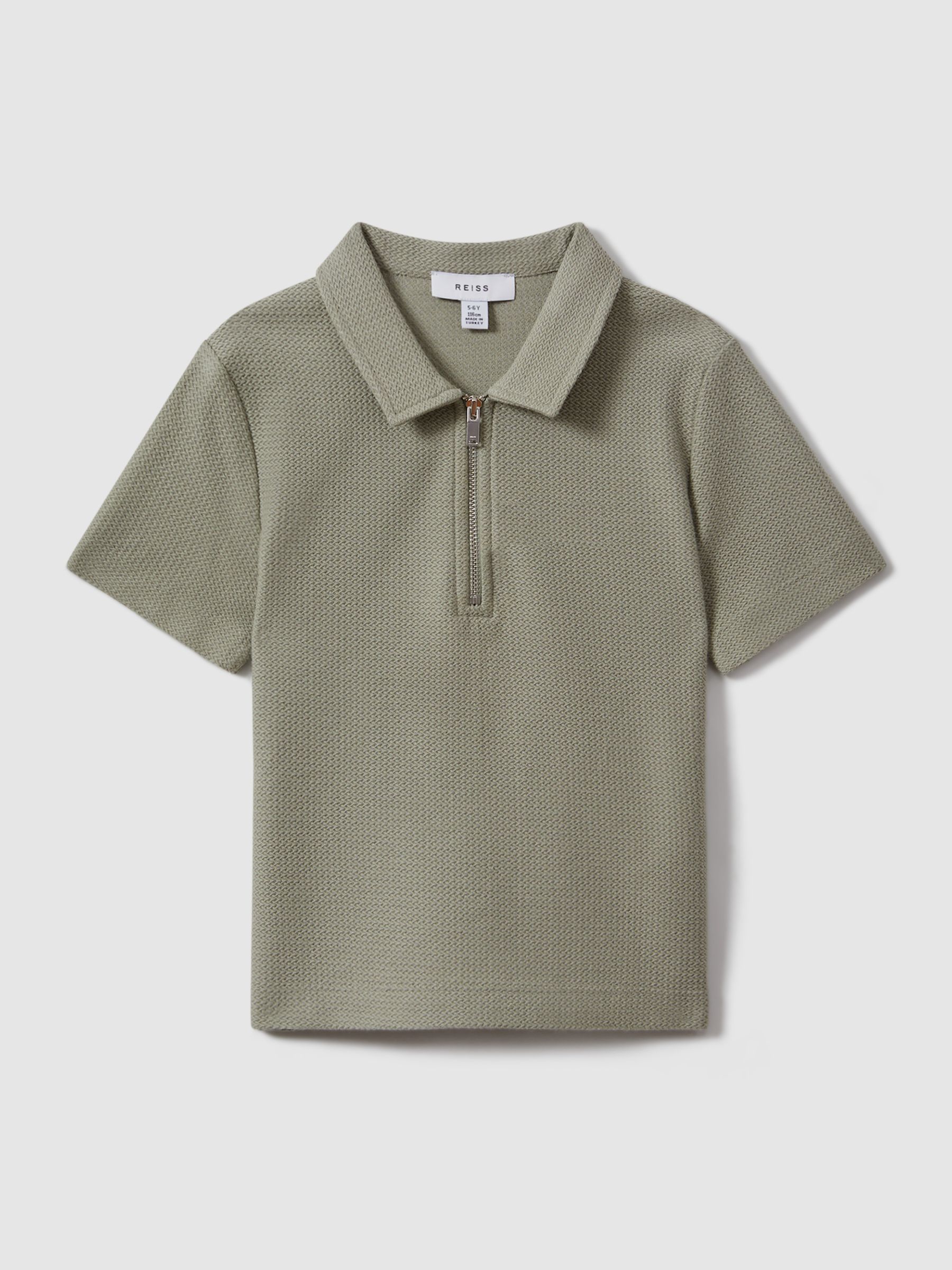 Junior Textured Cotton Half-Zip Polo Shirt in Pistachio - Image 2 of 4