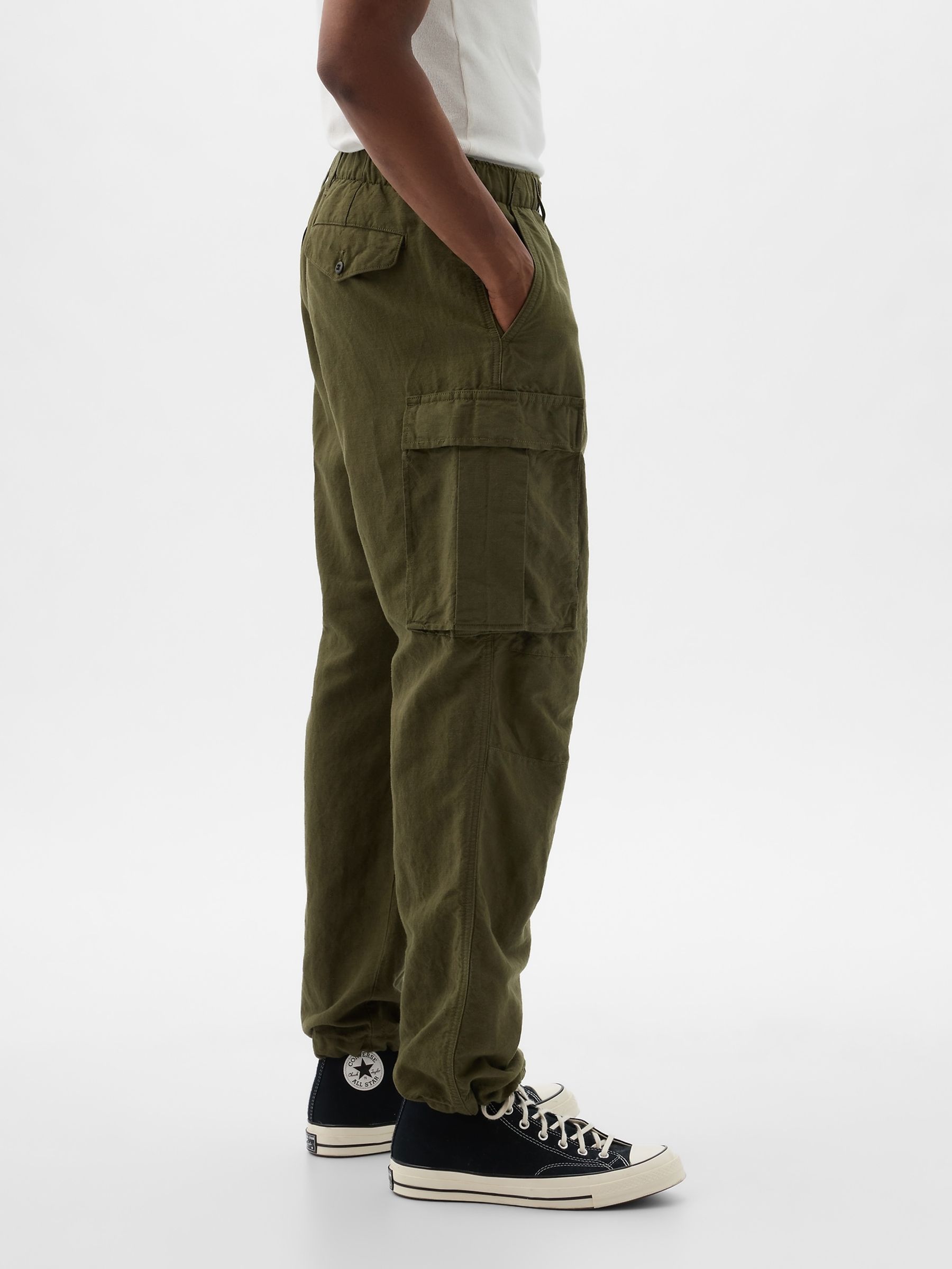 Green Linen Blend Cargo Trousers - Image 4 of 6