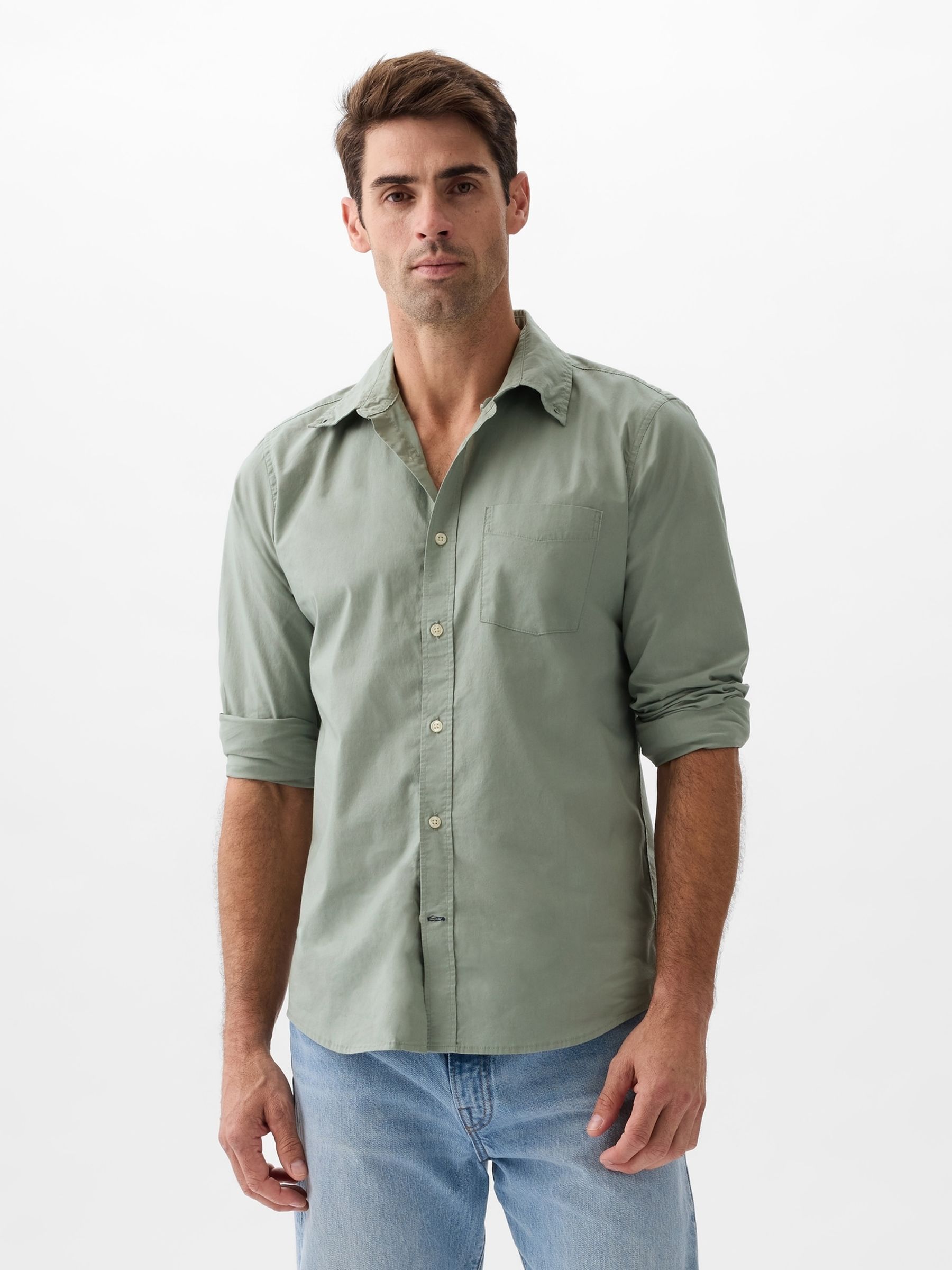 Green Stretch Standard Fit Long Sleeve Poplin Shirt - Image 1 of 1