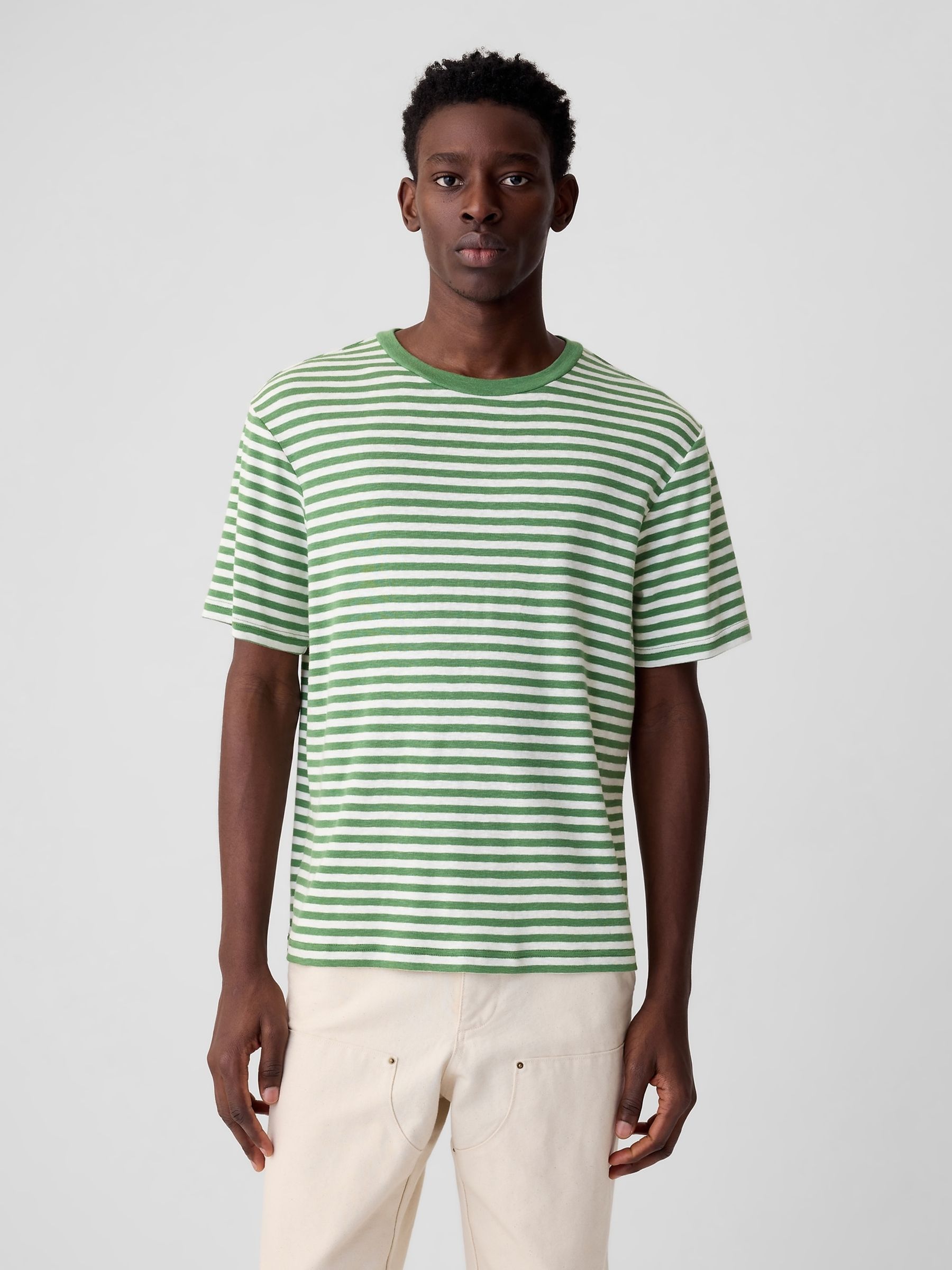Green Short Sleeve Crew Neck Stripe T-Shirt - Image 1 of 4