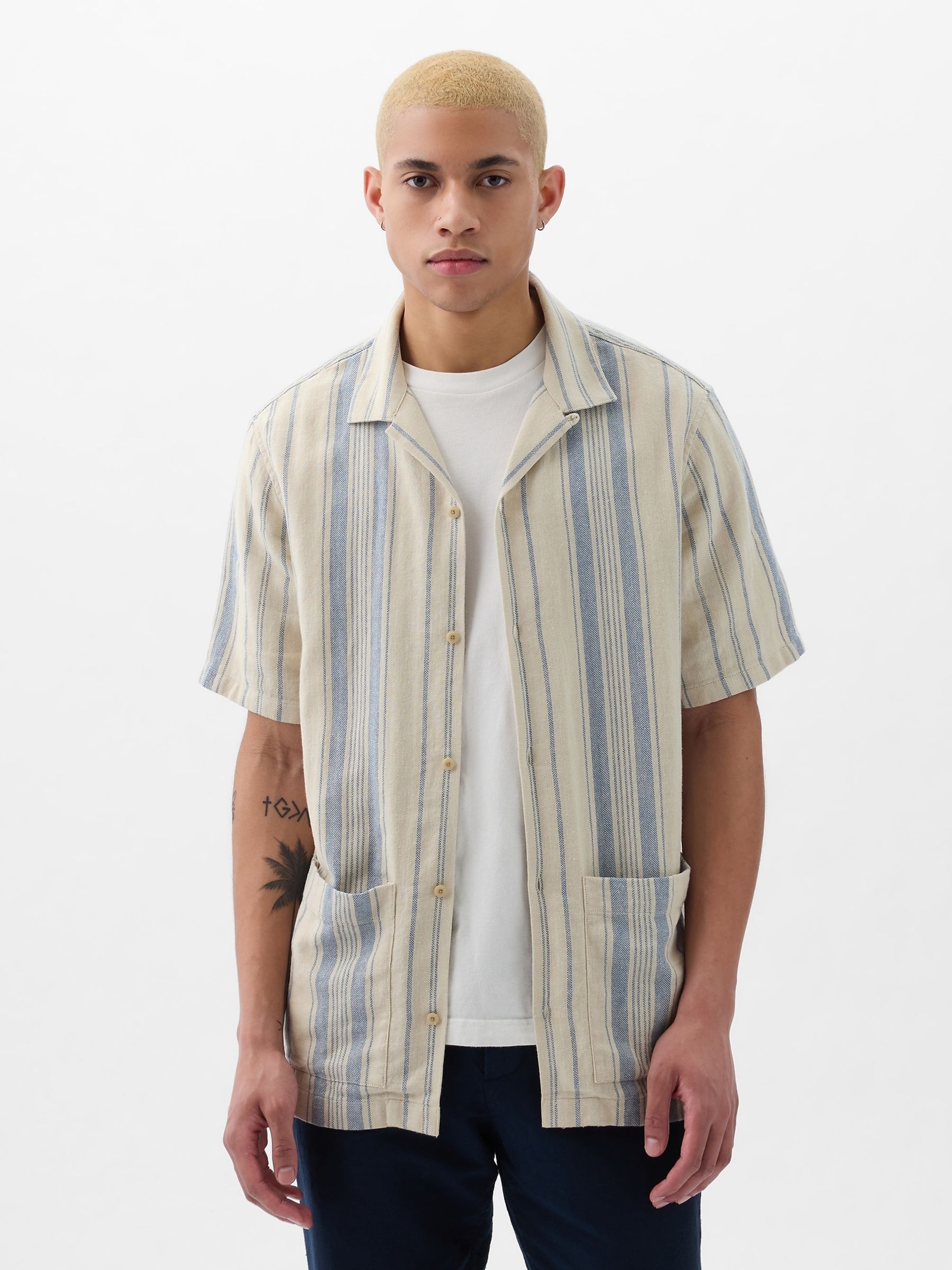 Cream Short Sleeve Linen Cotton Shirt - Image 1 of 4