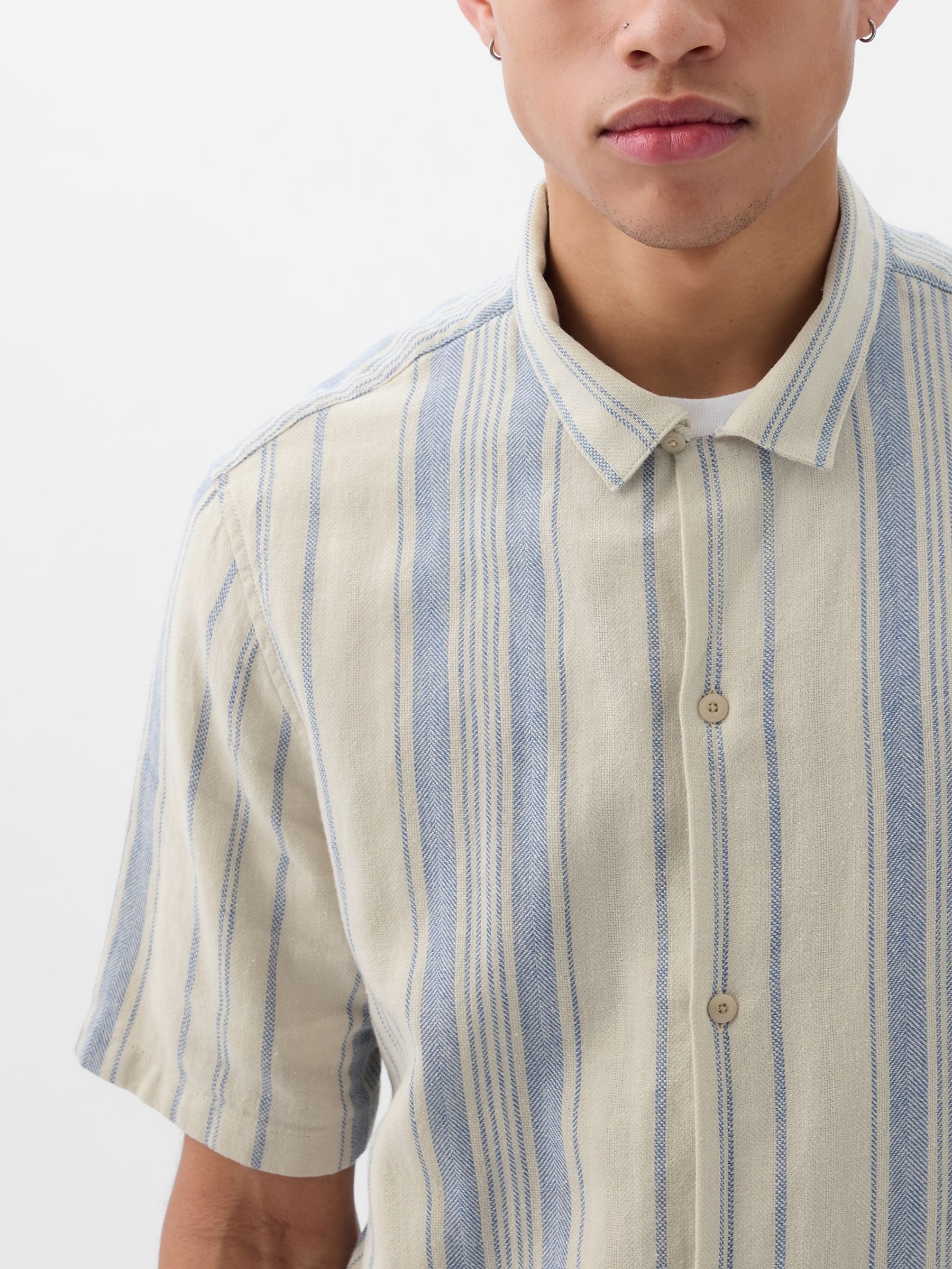 Cream Short Sleeve Linen Cotton Shirt - Image 3 of 4