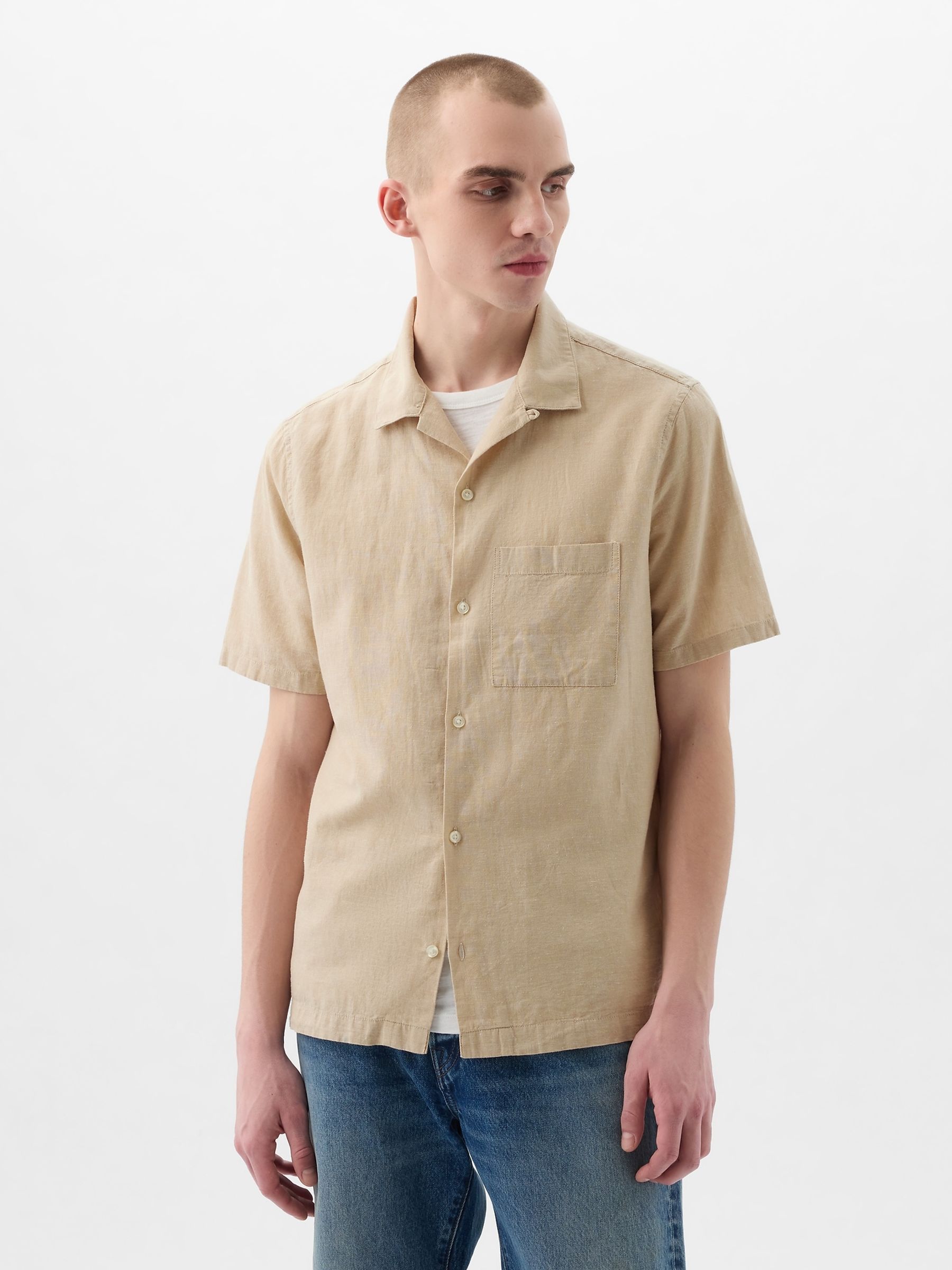 Neutral Linen Cotton Short Sleeve Shirt - Image 1 of 4