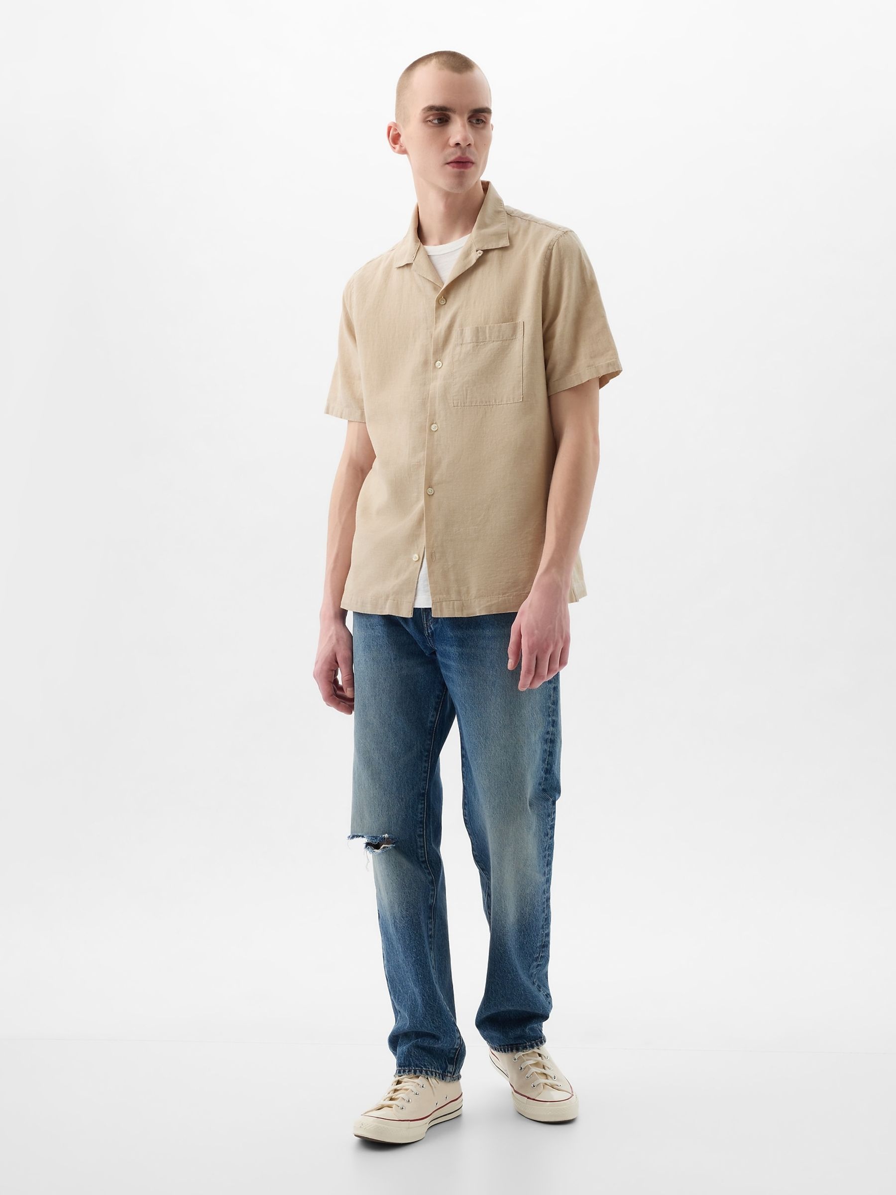 Neutral Linen Cotton Short Sleeve Shirt - Image 3 of 4