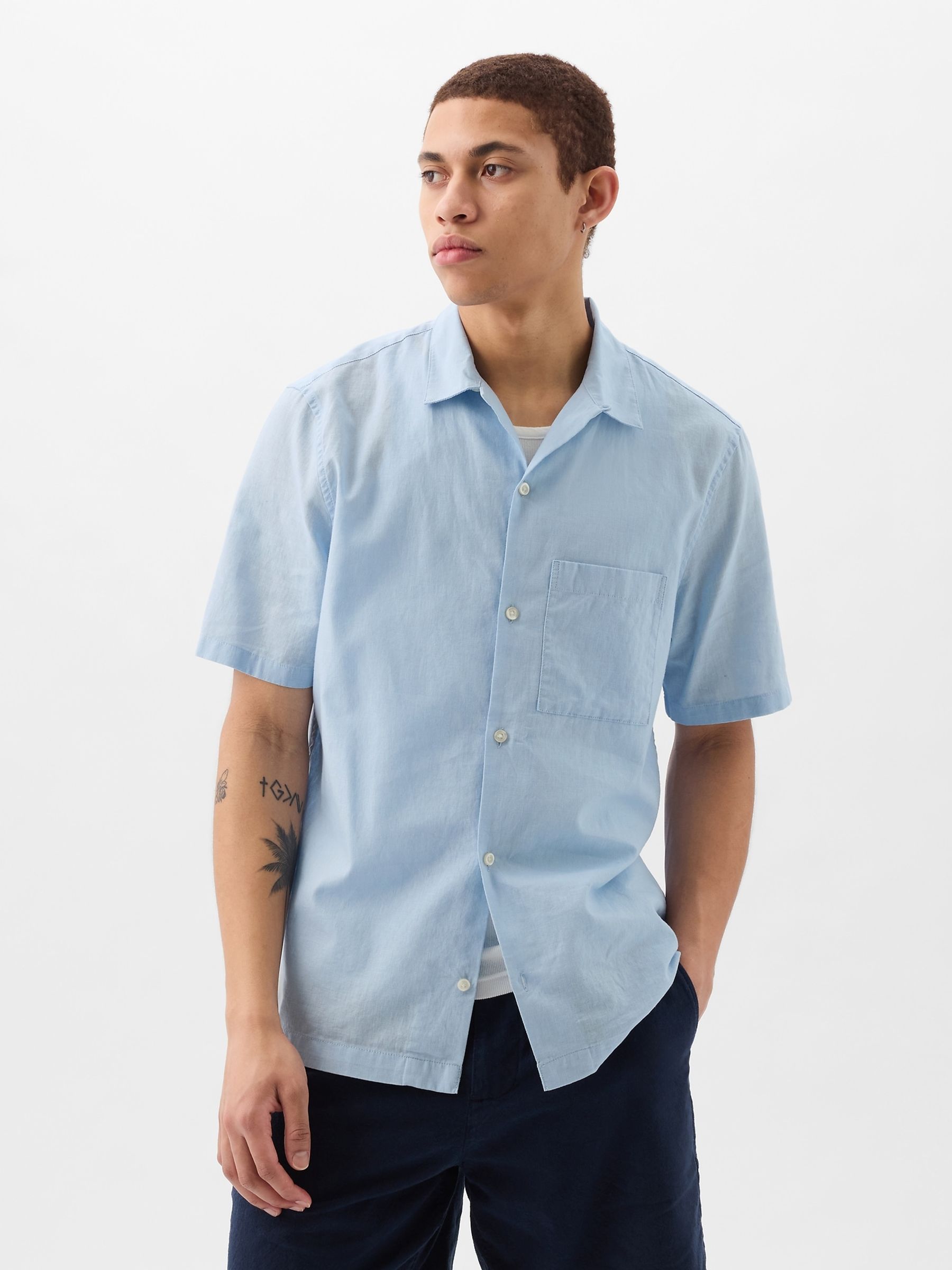 Blue Linen Cotton Short Sleeve Shirt - Image 1 of 4