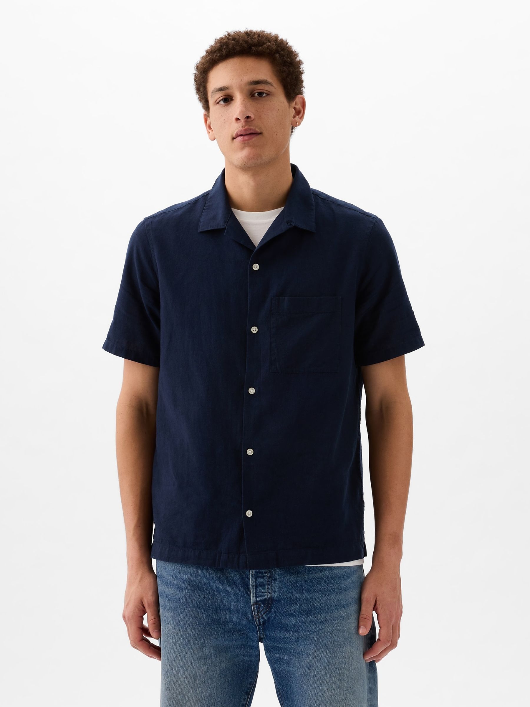 Navy Blue Short Sleeve Linen Cotton Shirt - Image 1 of 1