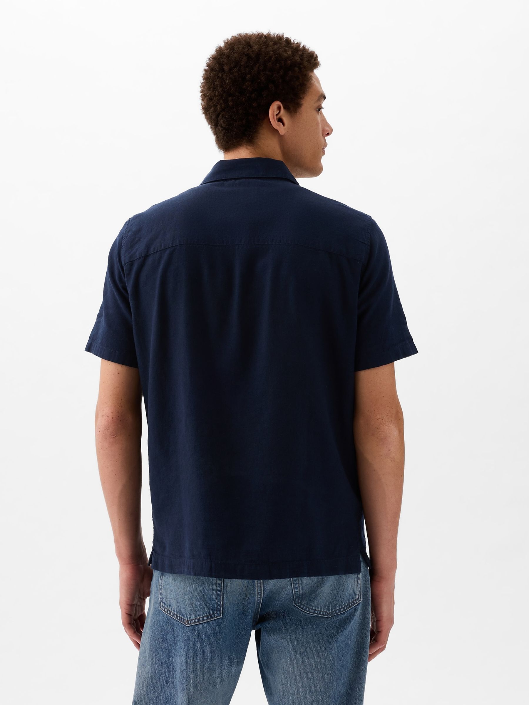 Navy Blue Short Sleeve Linen Cotton Shirt - Image 2 of 4