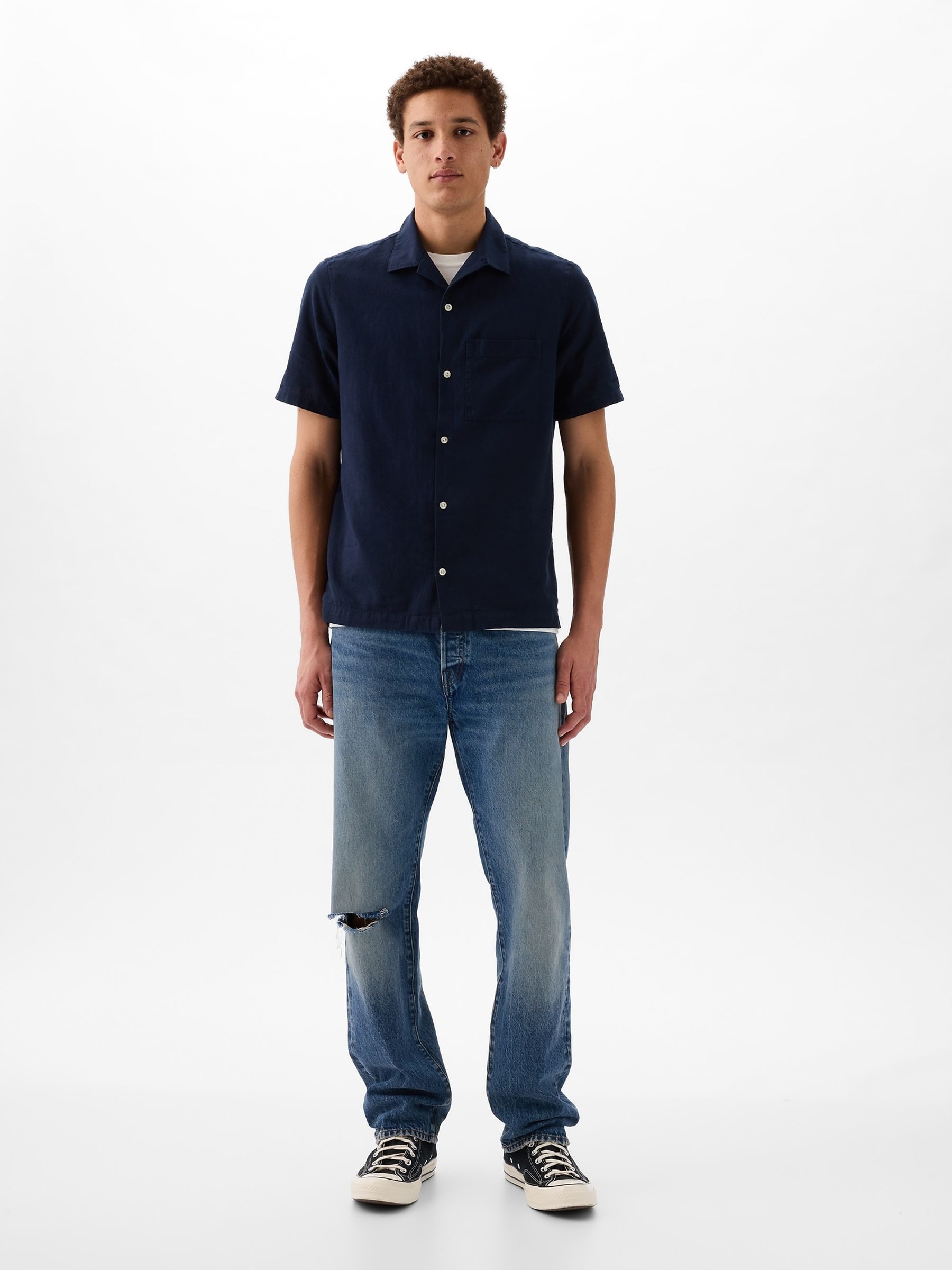 Navy Blue Short Sleeve Linen Cotton Shirt - Image 3 of 4