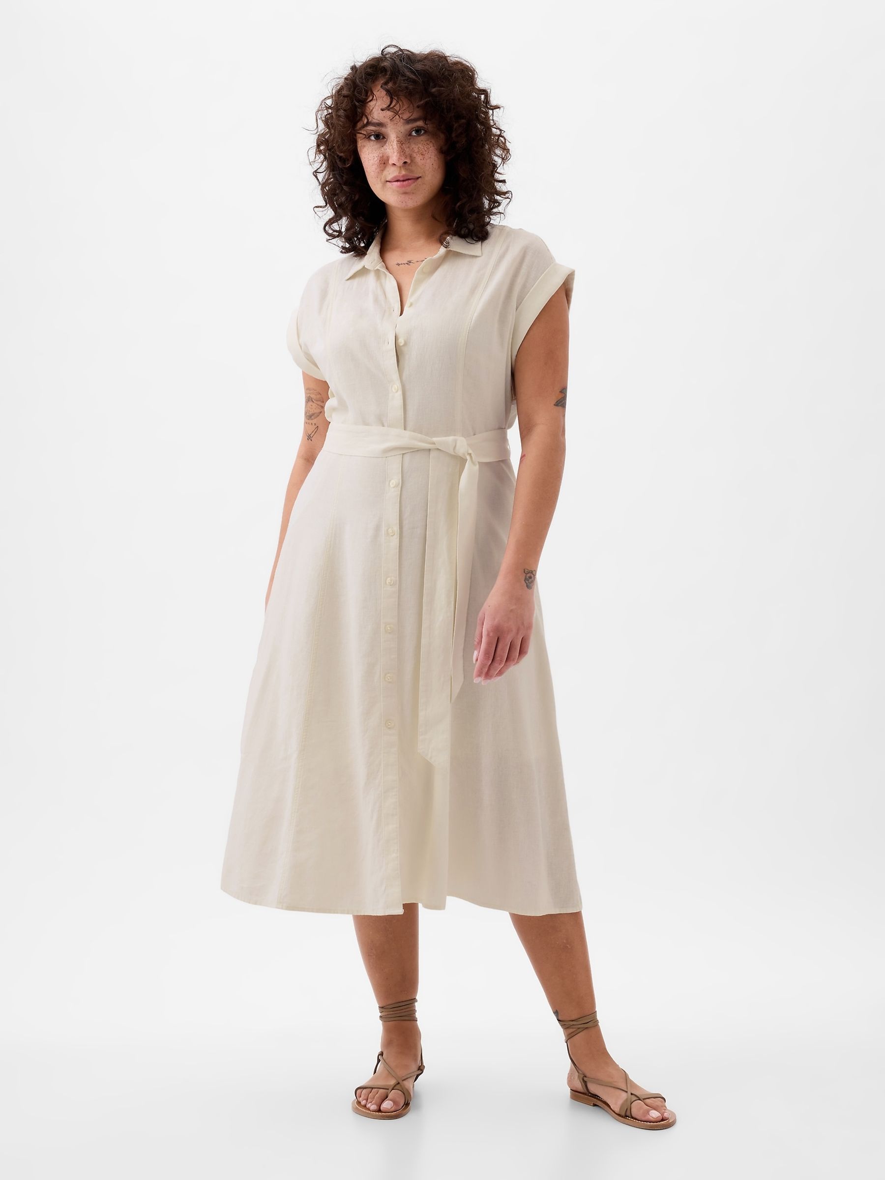 White Linen-Blend Tie Waist Midi Shirt Dress - Image 1 of 5
