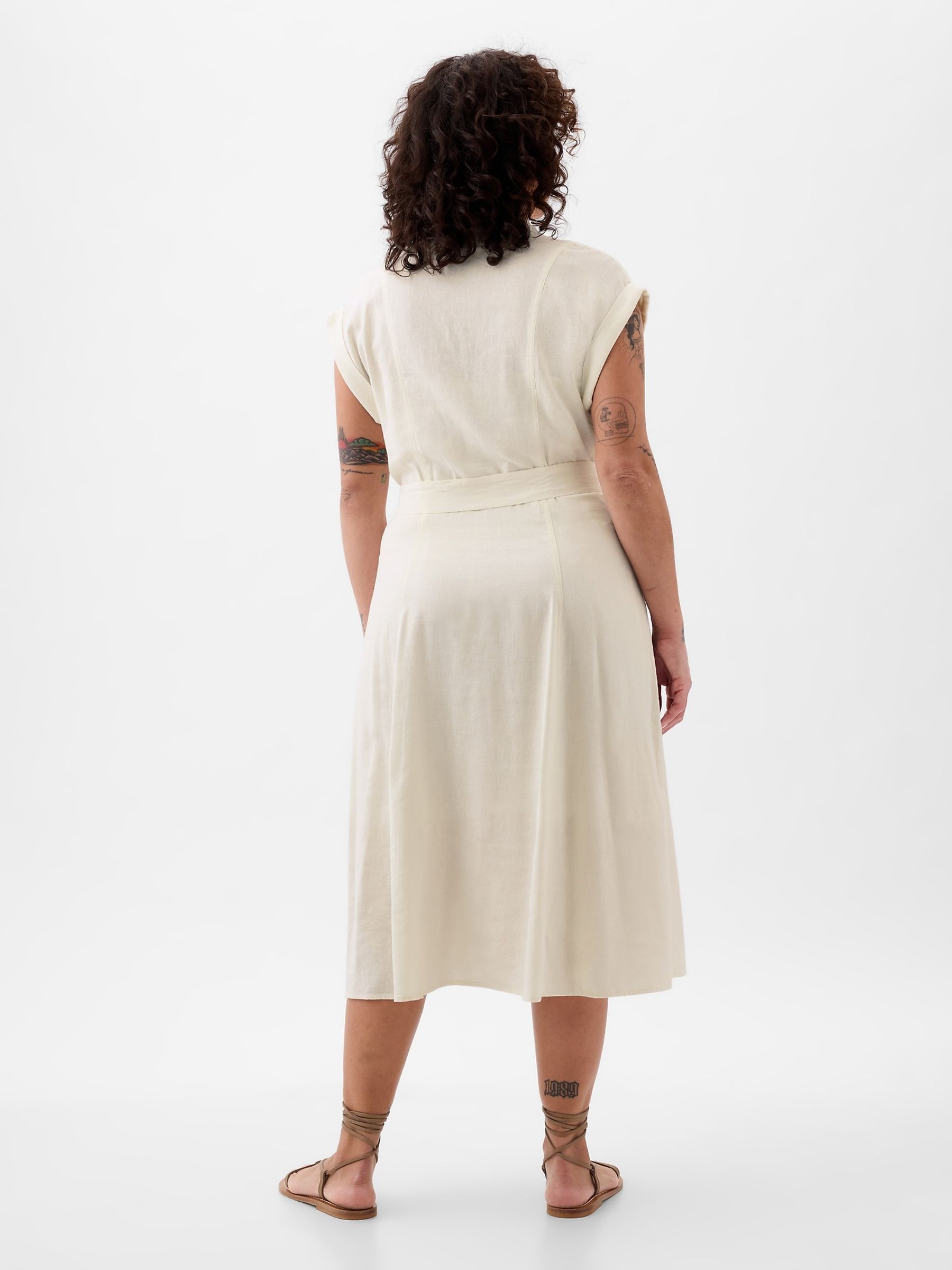 White Linen-Blend Tie Waist Midi Shirt Dress - Image 2 of 5