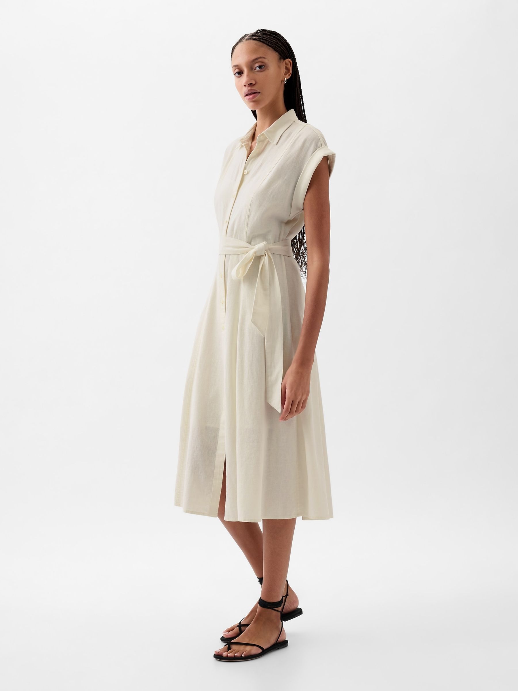 White Linen-Blend Tie Waist Midi Shirt Dress - Image 4 of 5