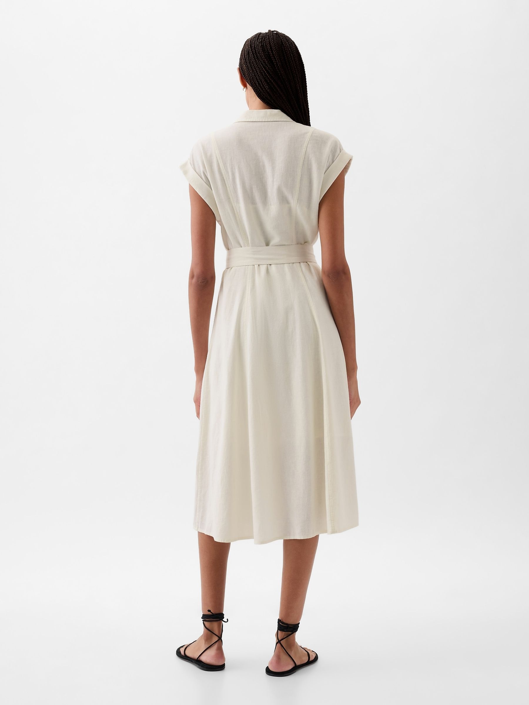 White Linen-Blend Tie Waist Midi Shirt Dress - Image 5 of 5