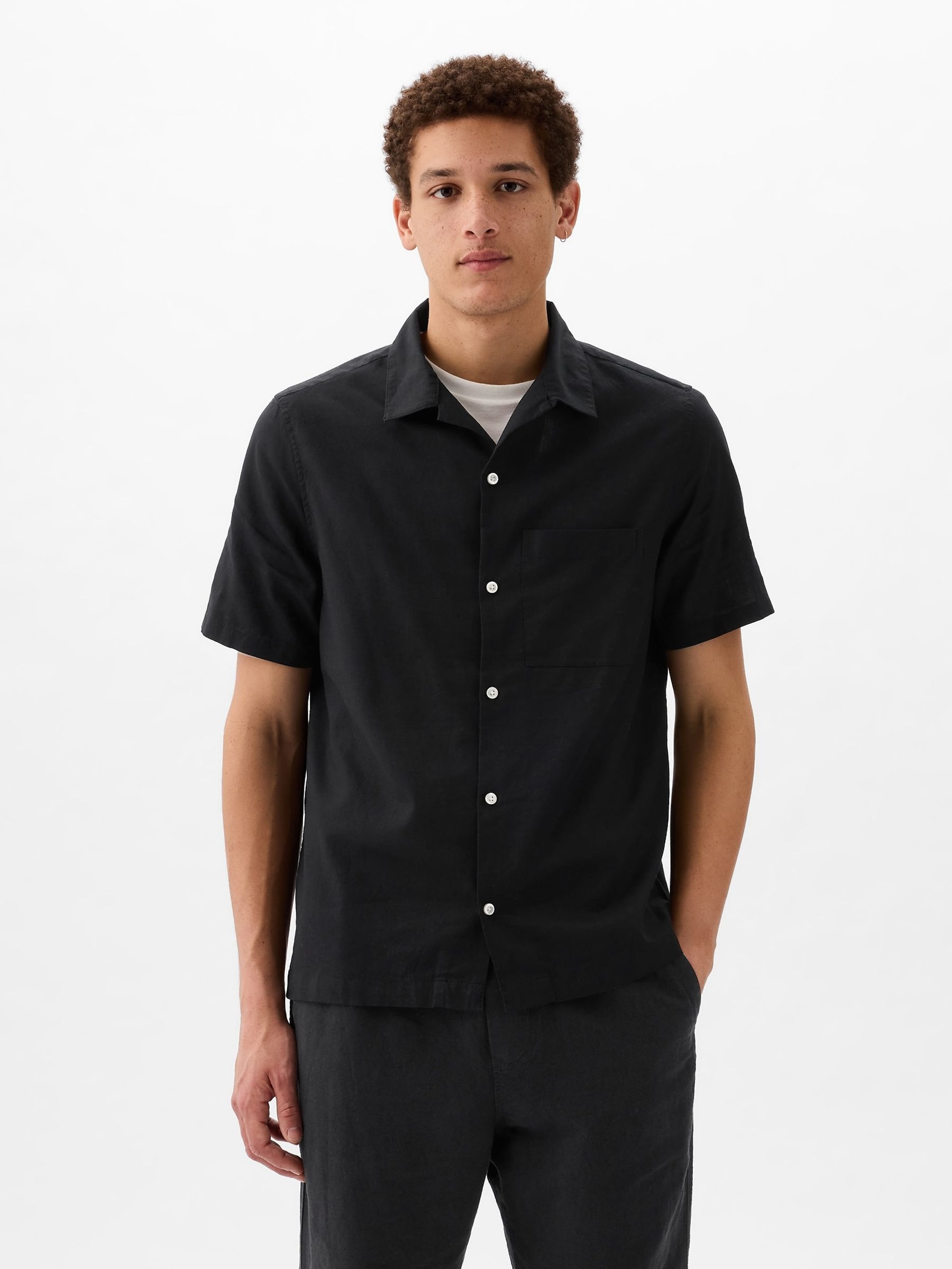 Black Short Sleeve Linen Cotton Shirt - Image 1 of 5