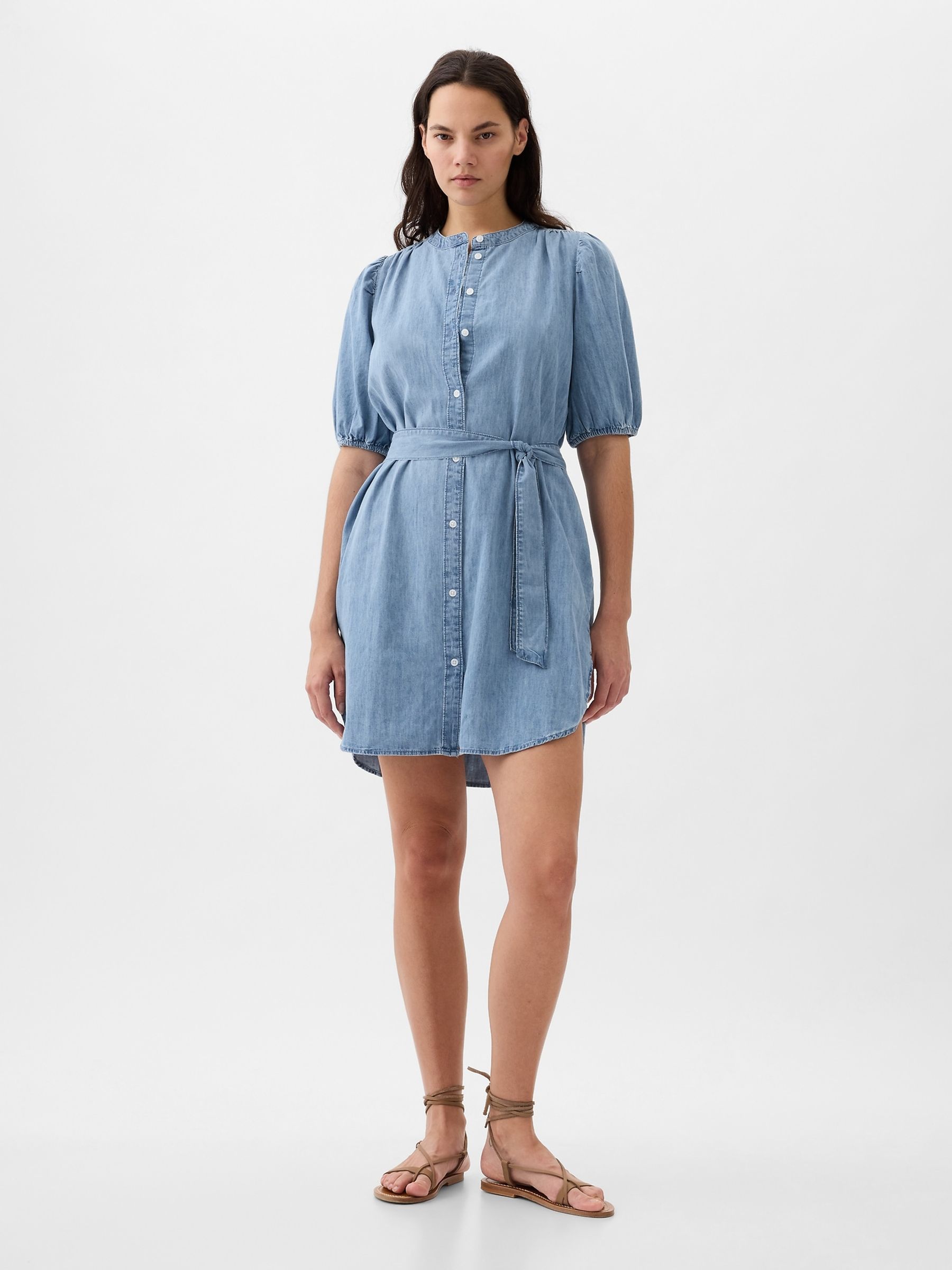 Blue Denim Puff Sleeve Tie Waist Mini Dress - Image 1 of 5
