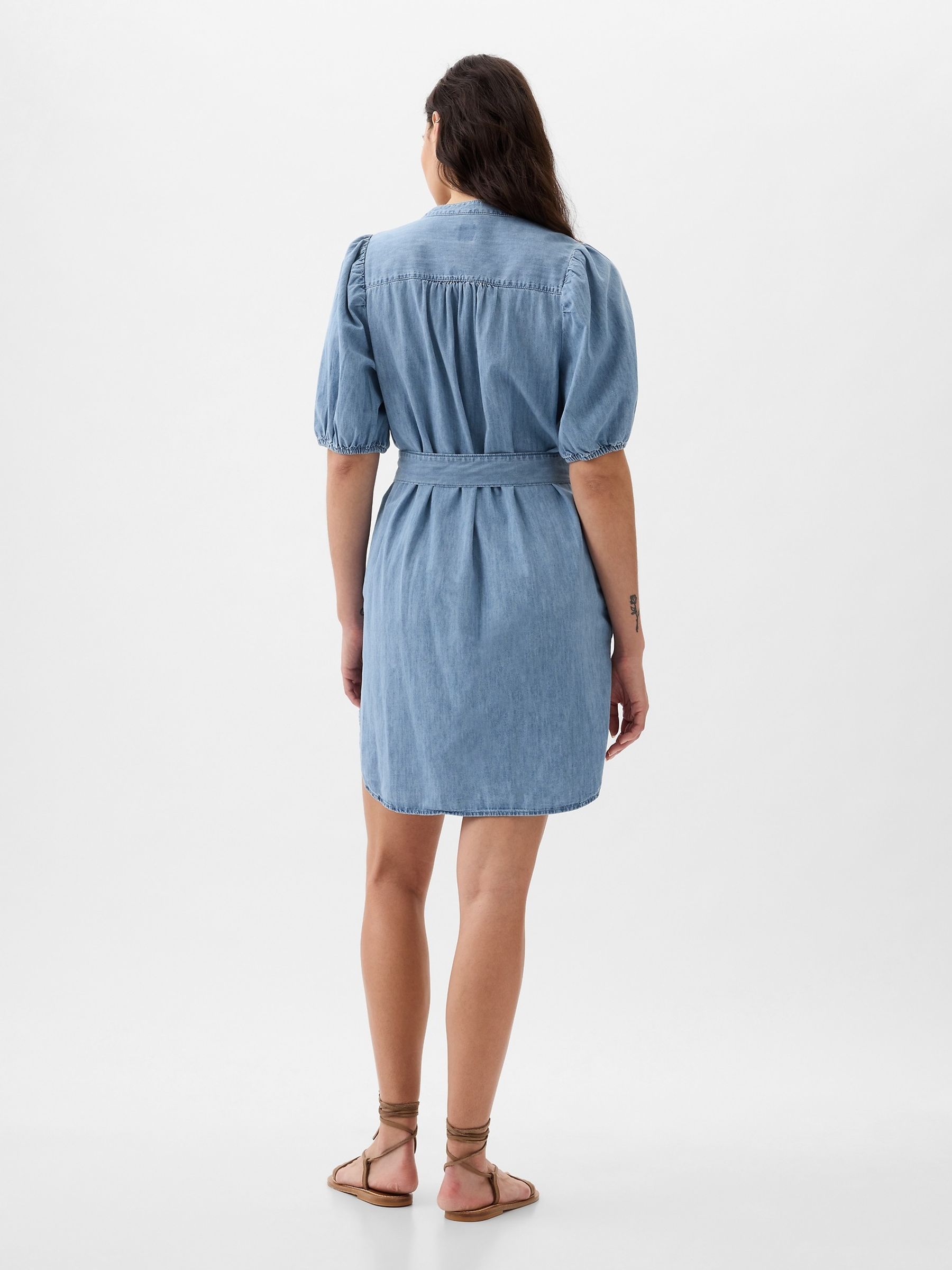 Blue Denim Puff Sleeve Tie Waist Mini Dress - Image 2 of 5