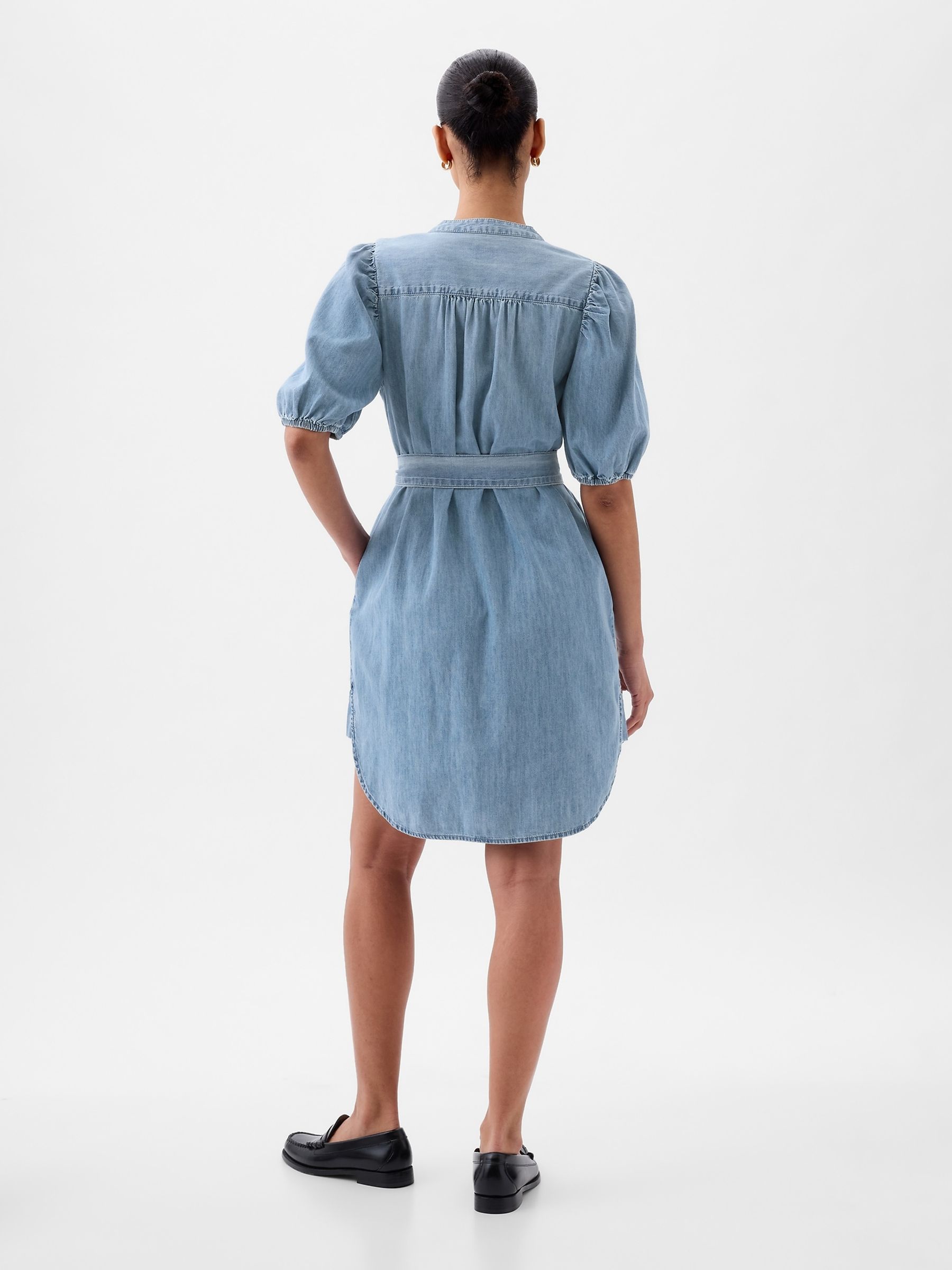 Blue Denim Puff Sleeve Tie Waist Mini Dress - Image 4 of 5