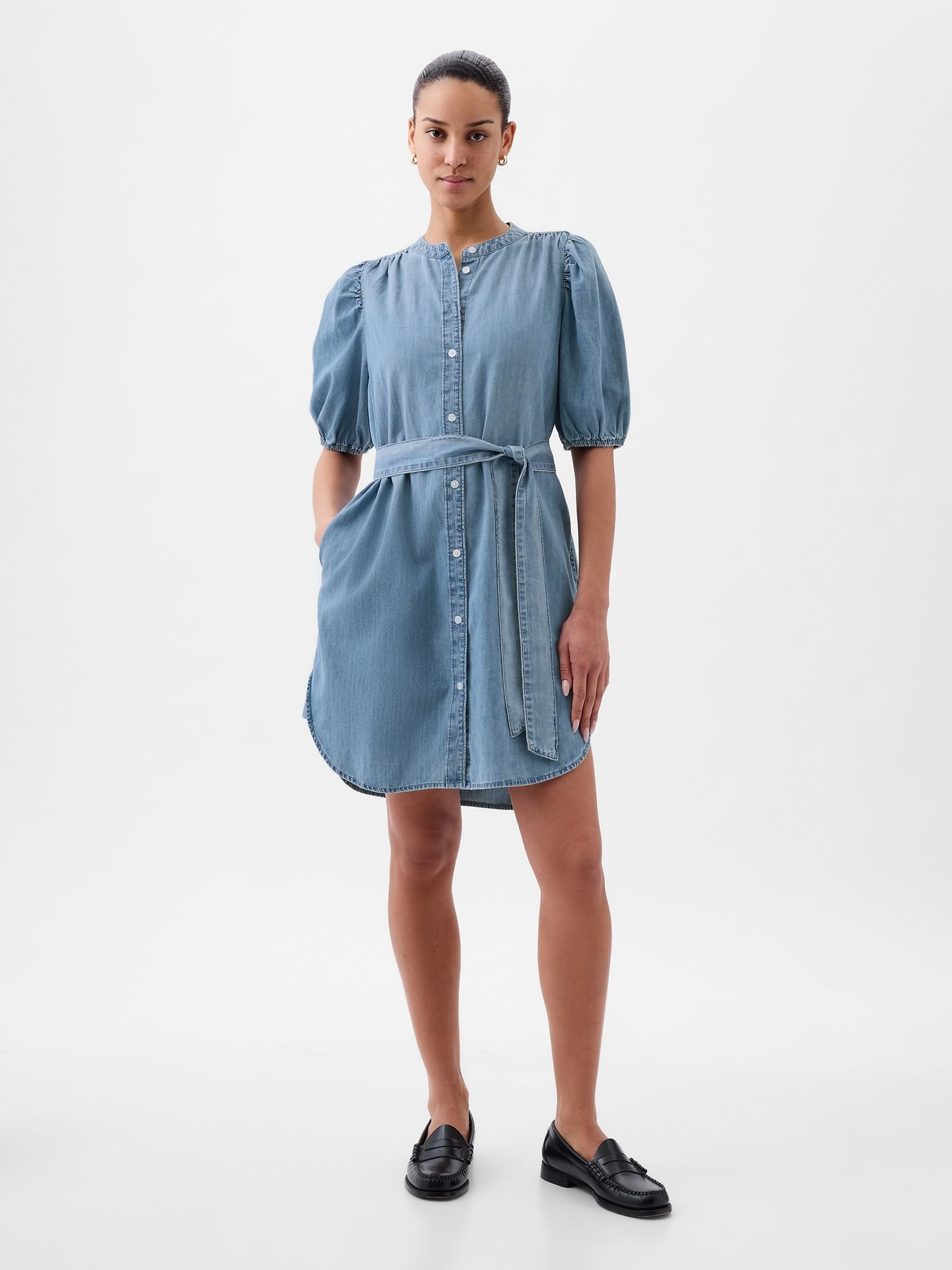 Blue Denim Puff Sleeve Tie Waist Mini Dress - Image 5 of 5