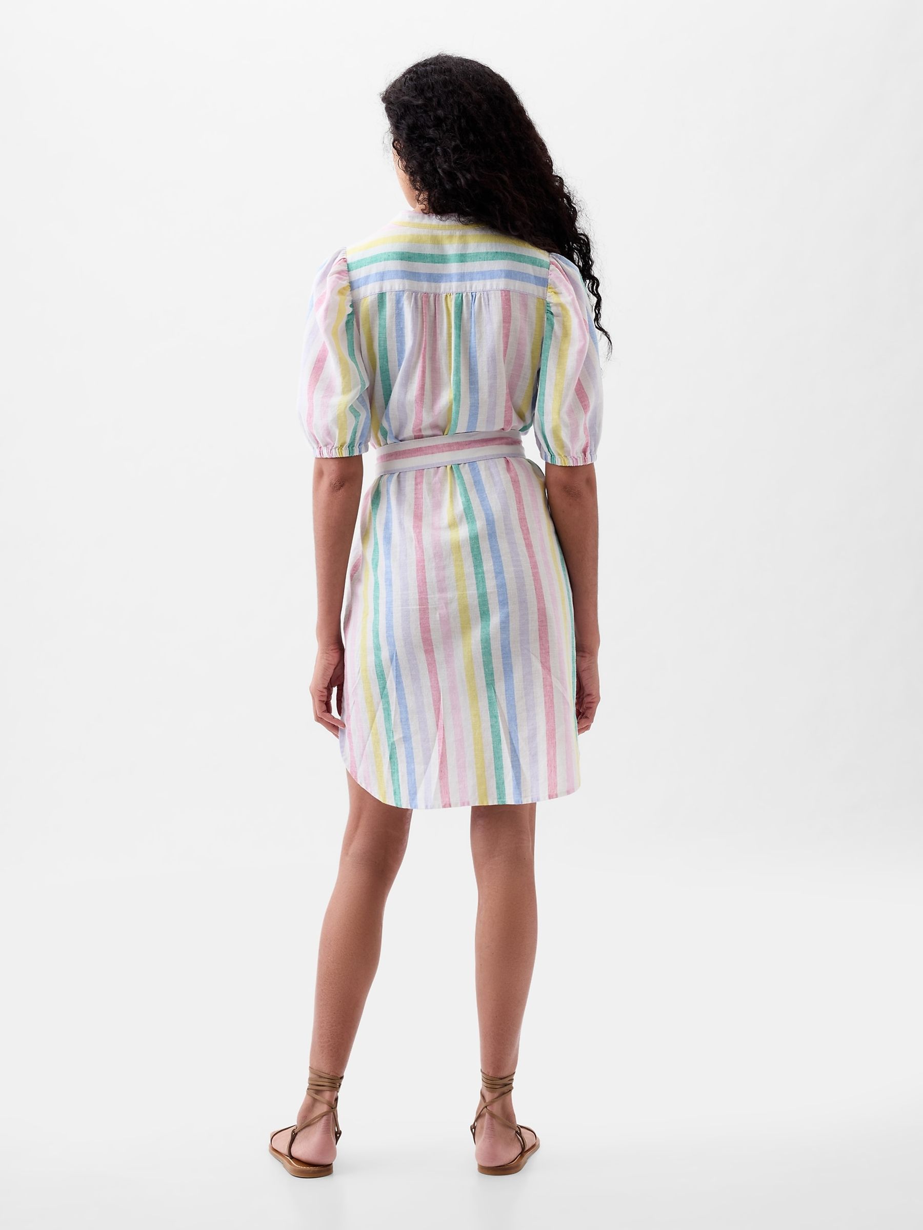 White Rainbow Linen Blend Short Puff Sleeve Mini Shirt Dress - Image 2 of 5