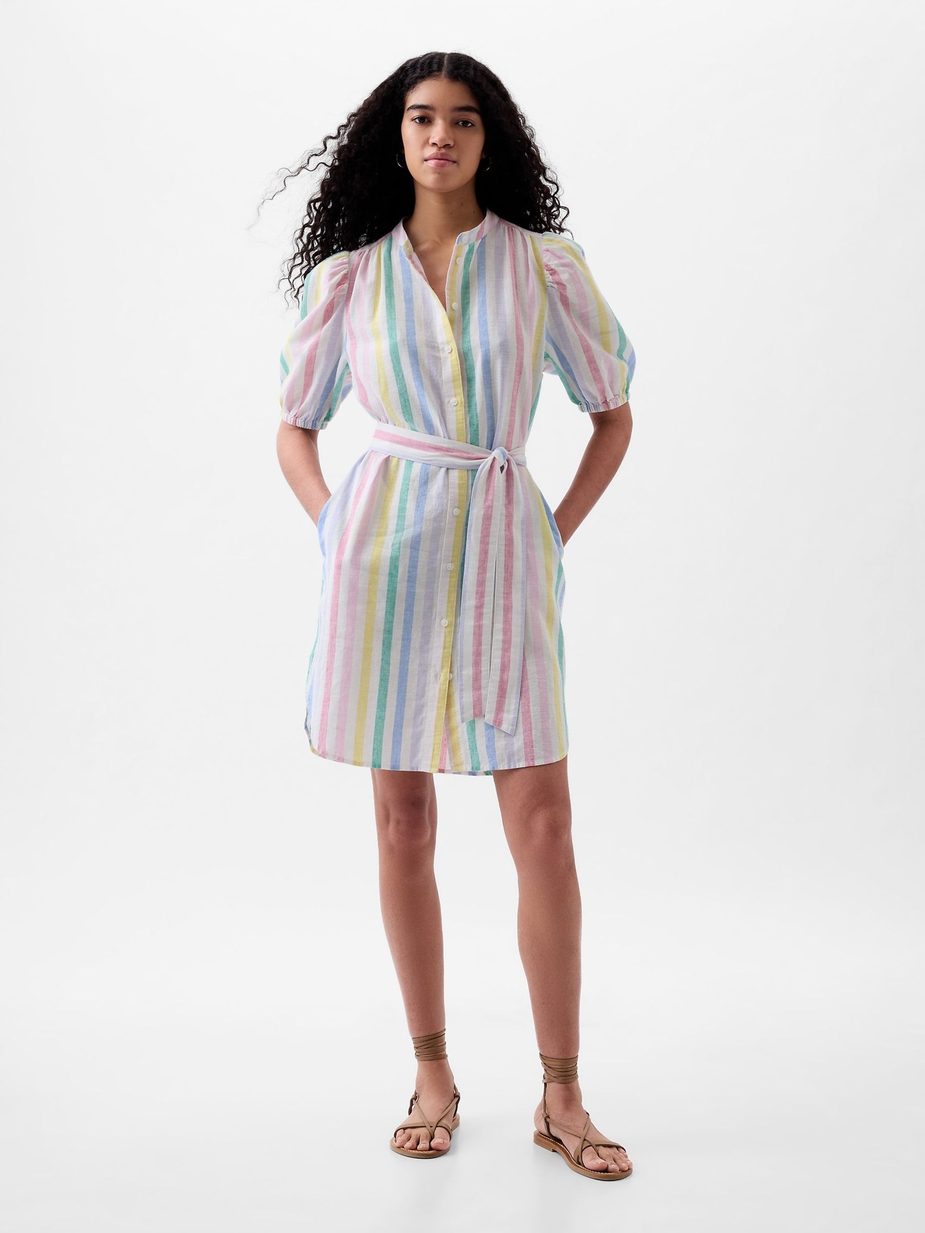 White Rainbow Linen Blend Short Puff Sleeve Mini Shirt Dress - Image 3 of 5