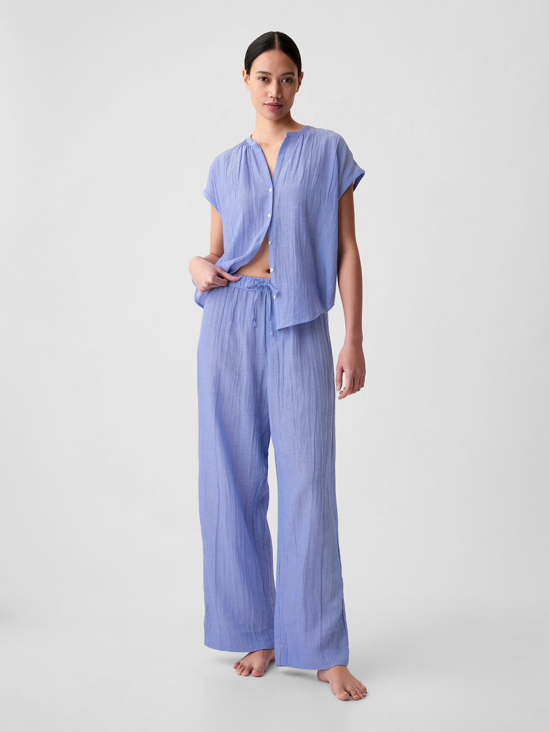 Shirting Blue Crinkle Cotton Wide Leg Pull On Pyjama Trousers - Image 1 of 2
