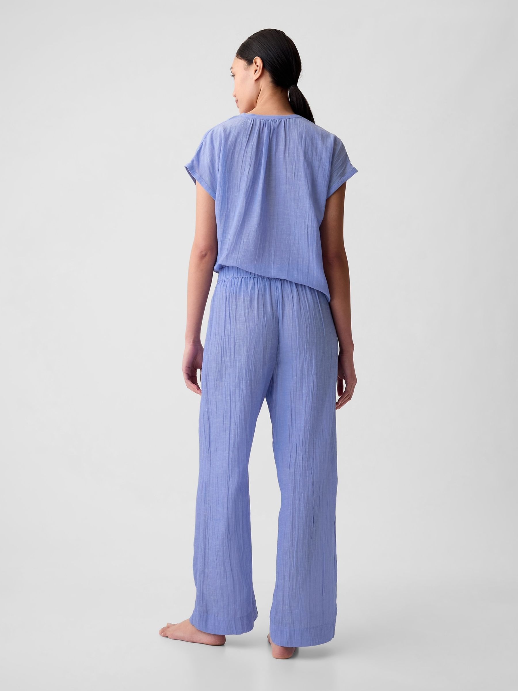 Shirting Blue Crinkle Cotton Wide Leg Pull On Pyjama Trousers - Image 2 of 2