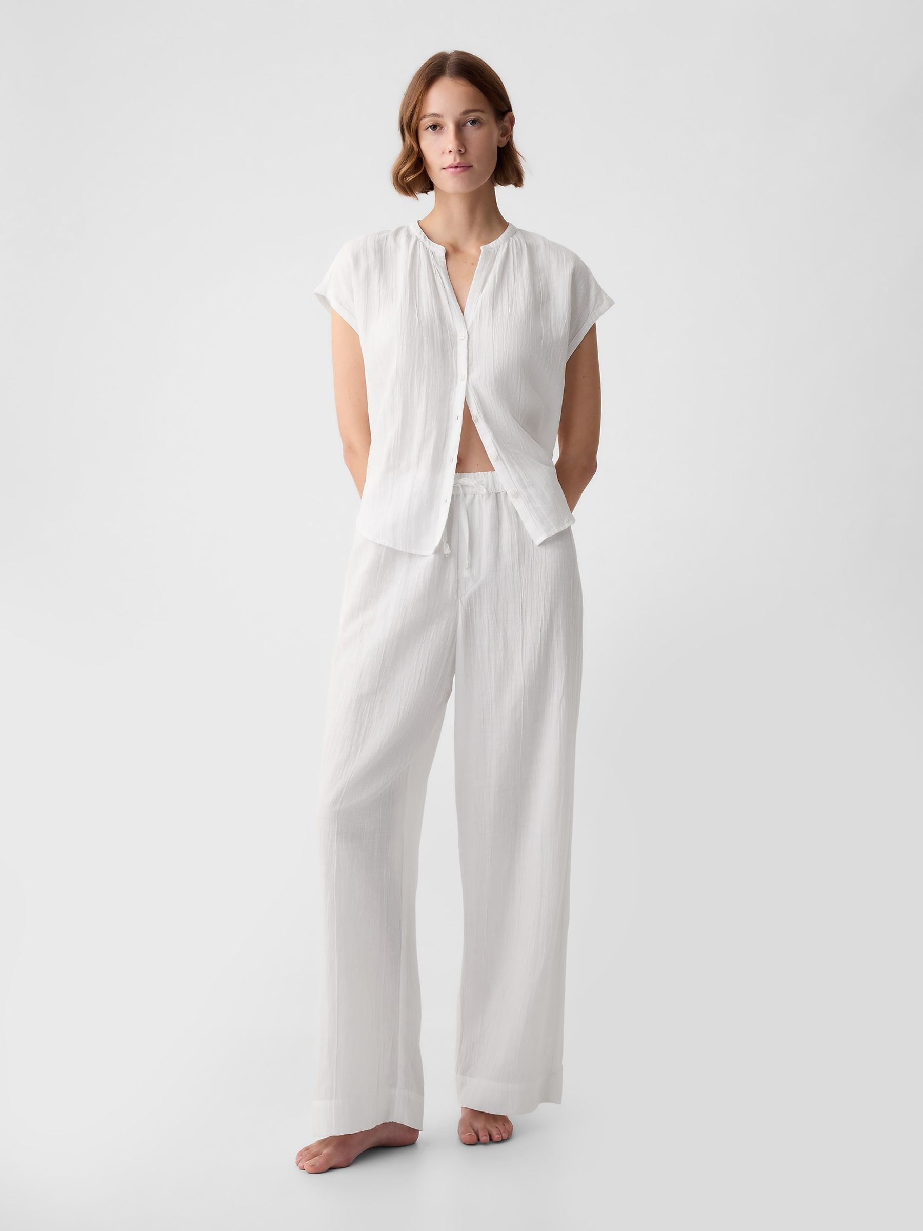White Crinkle Cotton Wide Leg Pyjama Trousers - Image 1 of 2
