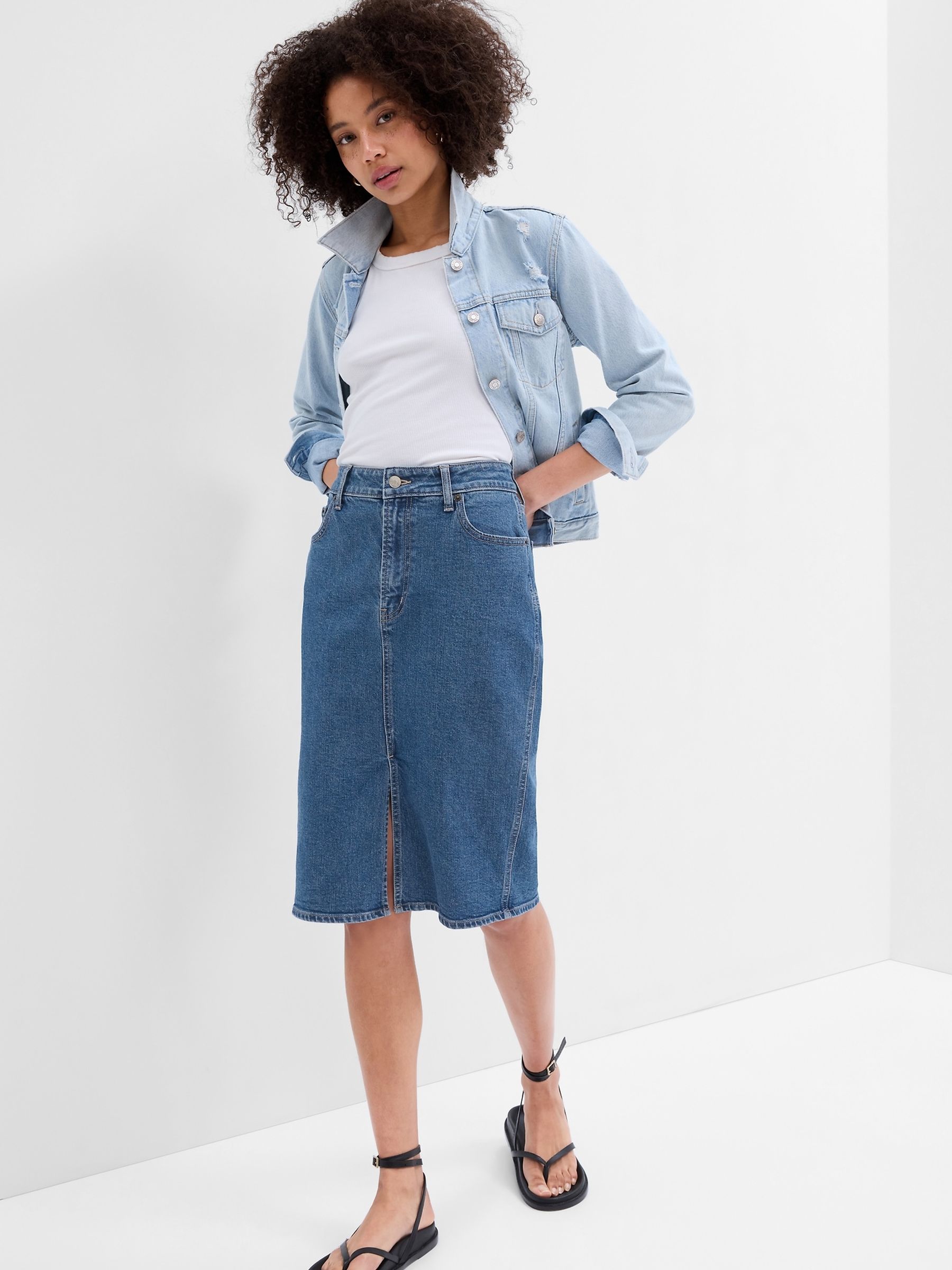 Blue Denim Midi Pencil Skirt with Washwell - Image 1 of 1