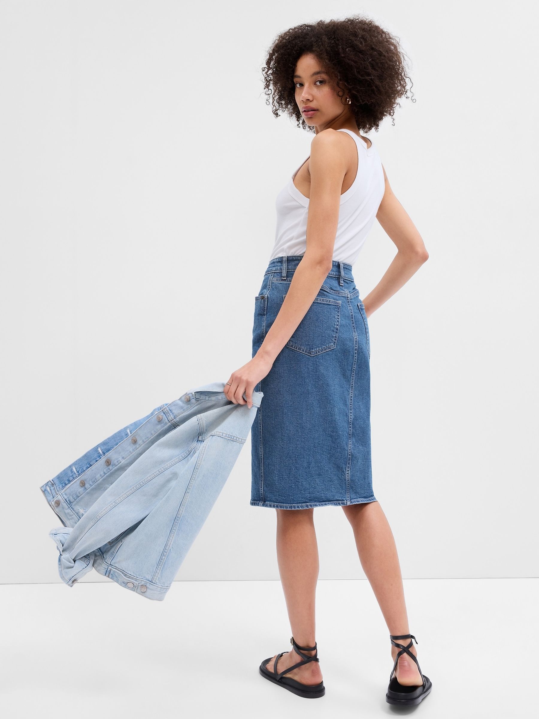 Blue Denim Midi Pencil Skirt with Washwell - Image 2 of 5 Blue Denim Midi Pencil Skirt with Washwell - Image 2 of 5