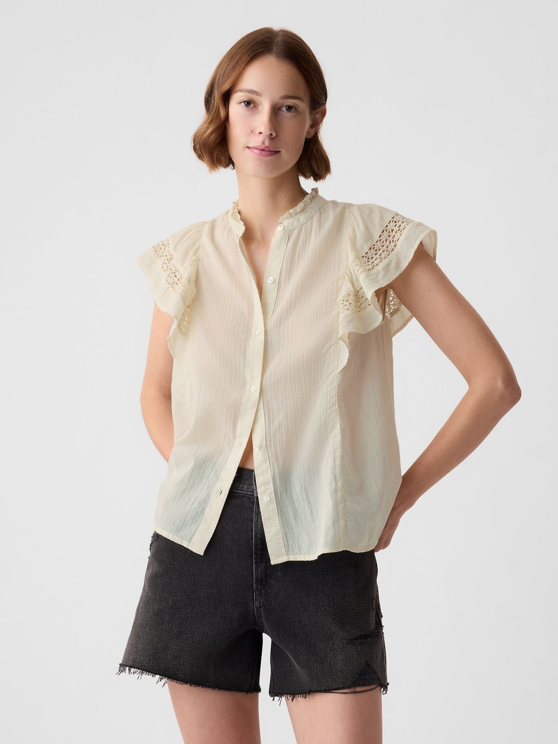 Beige Crinkle Cotton Flutter Sleeve Shirt - Image 1 of 4