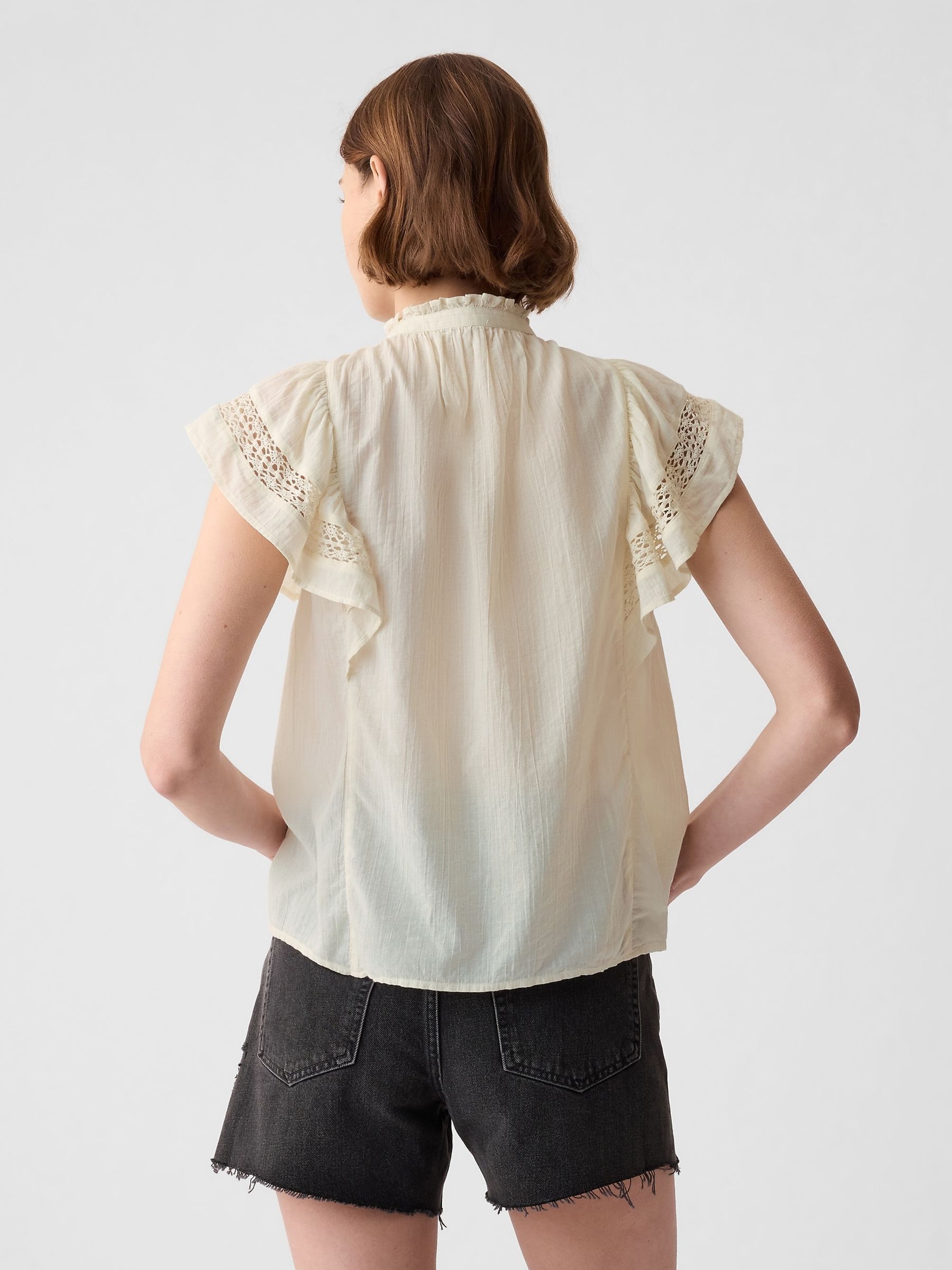 Beige Crinkle Cotton Flutter Sleeve Shirt - Image 2 of 4
