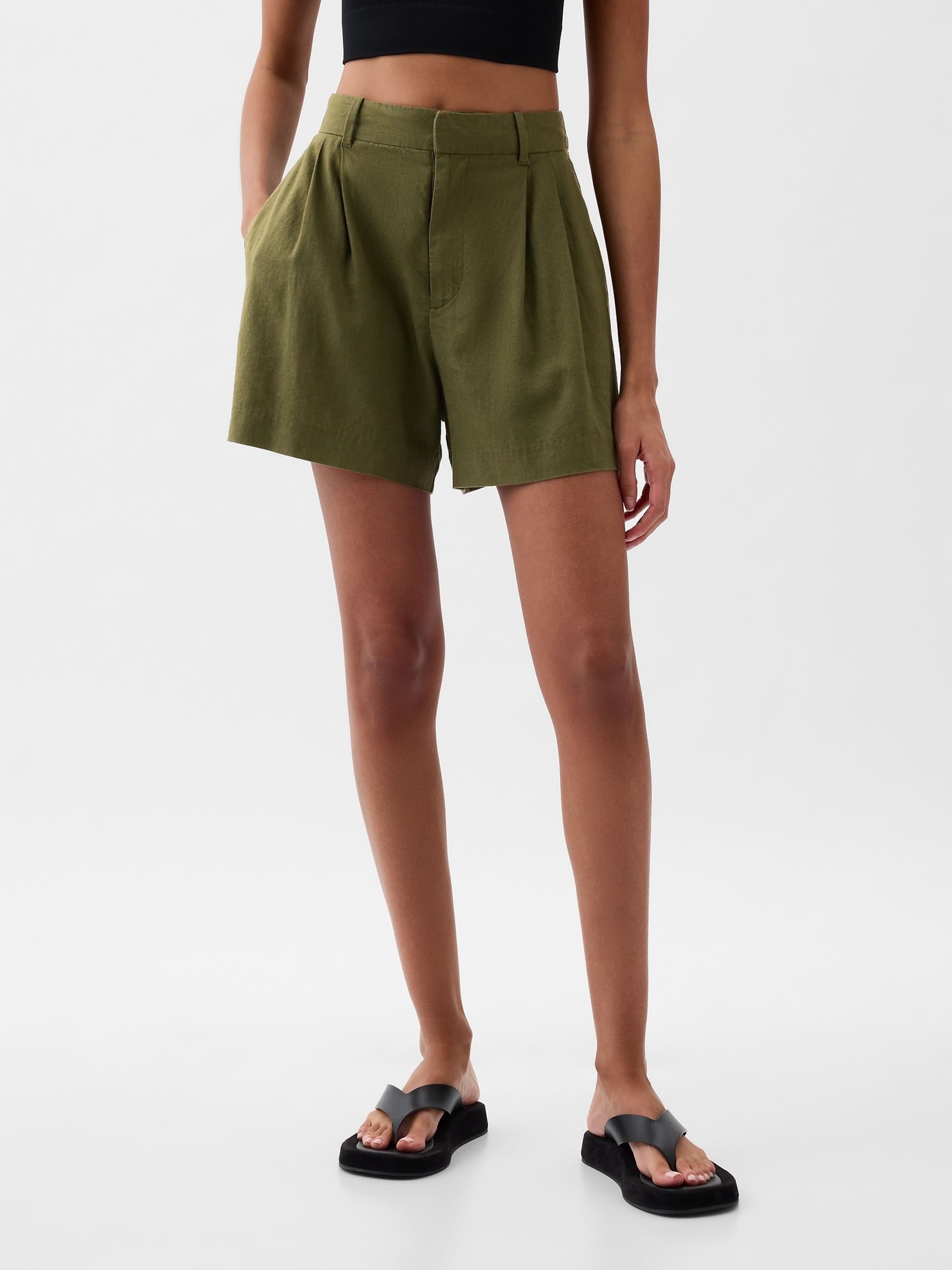 Khaki Green 4" Linen Cotton Everyday Shorts - Image 1 of 6